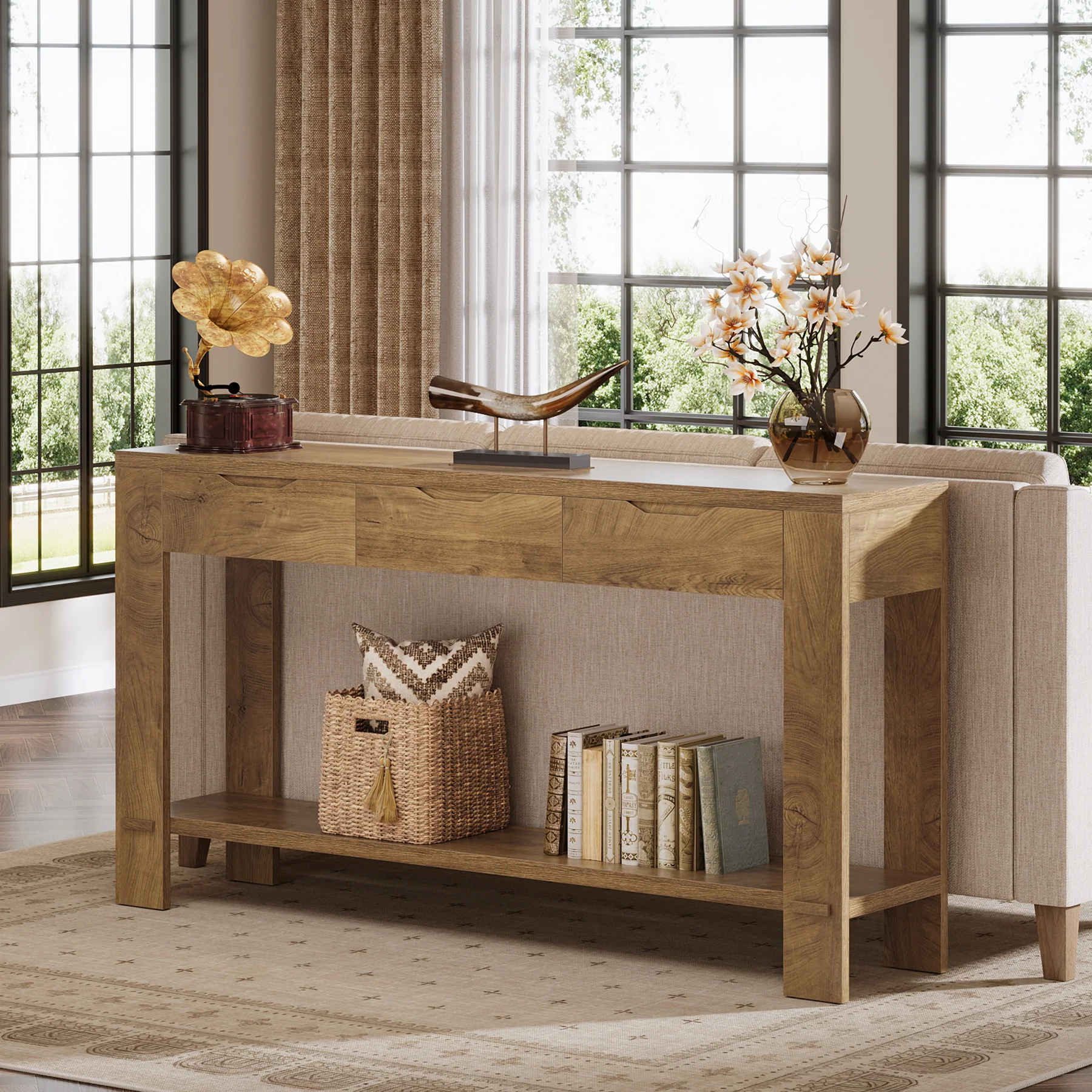 67“ Console Table, Narrow Farmhouse Entryway Table with 3 Storage Drawers - Image 7