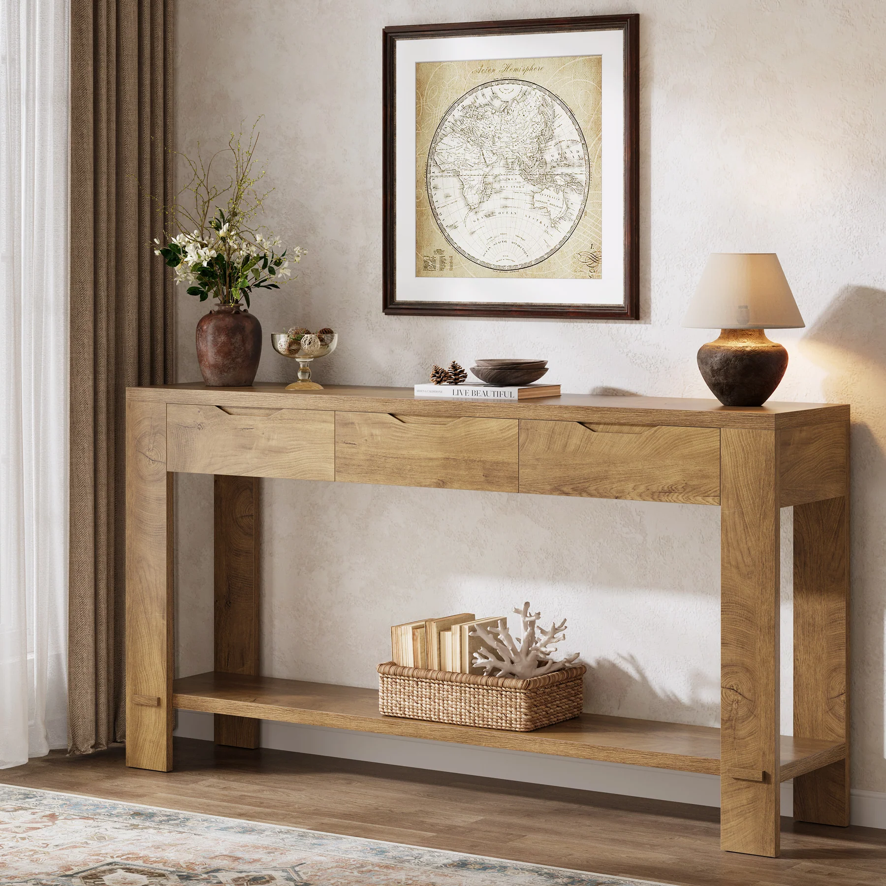 67“ Console Table, Narrow Farmhouse Entryway Table with 3 Storage Drawers - Image 8