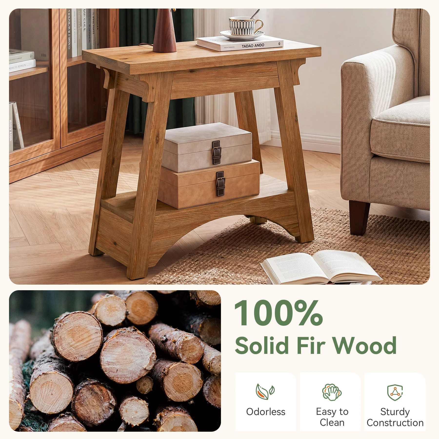 24.4" Solid Wood End Table, Narrow Farmhouse Nightstand for Small Spaces - Image 6