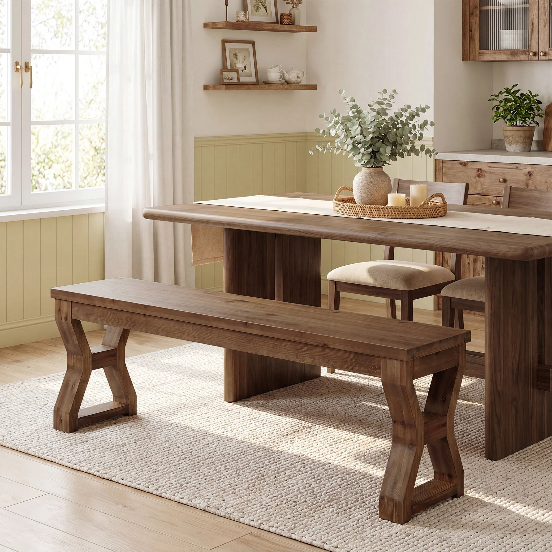 55" Wood Dining Bench, Narrow Kitchen Bench Seat with Sturdy X-Cross Legs