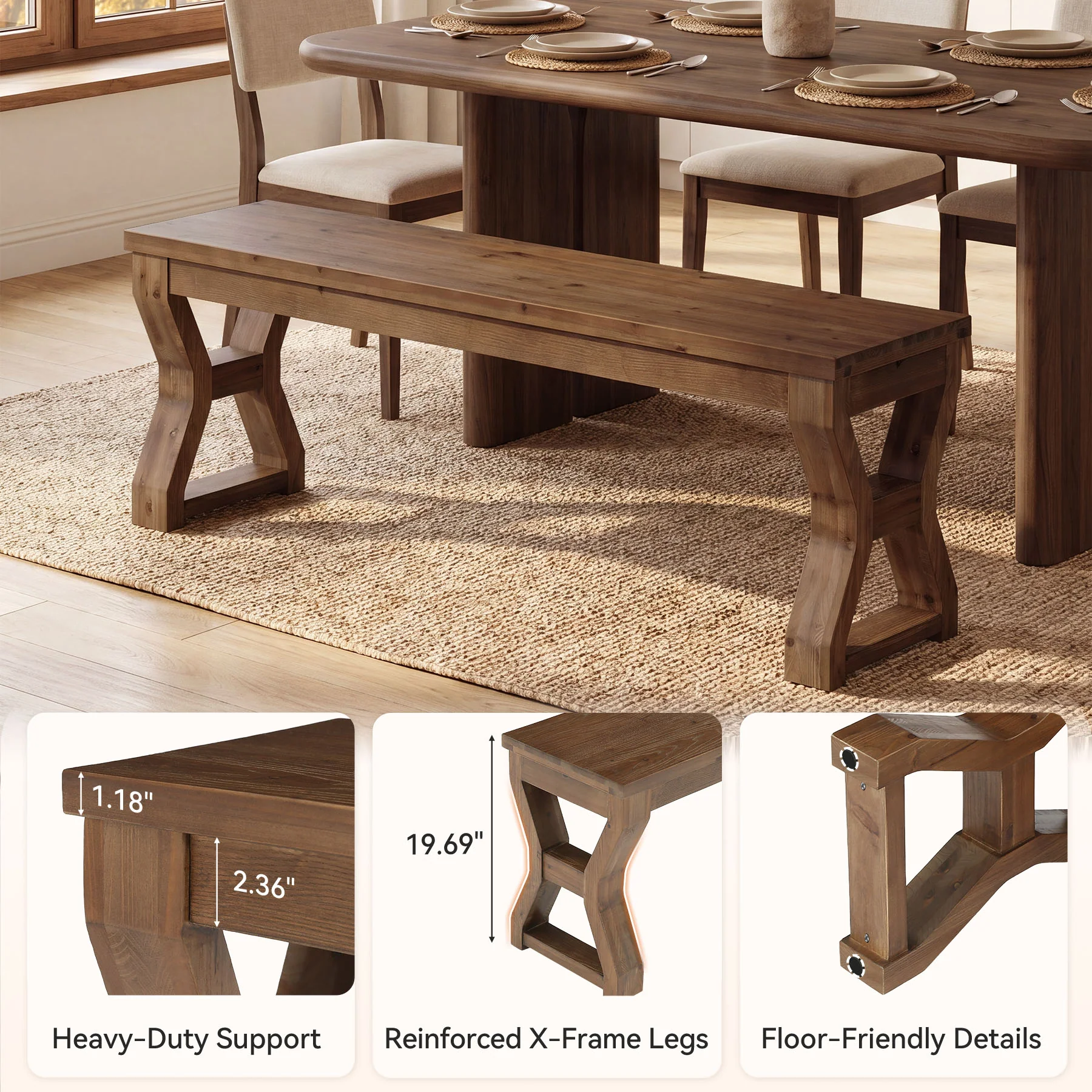 55" Wood Dining Bench, Narrow Kitchen Bench Seat with Sturdy X-Cross Legs - Image 5