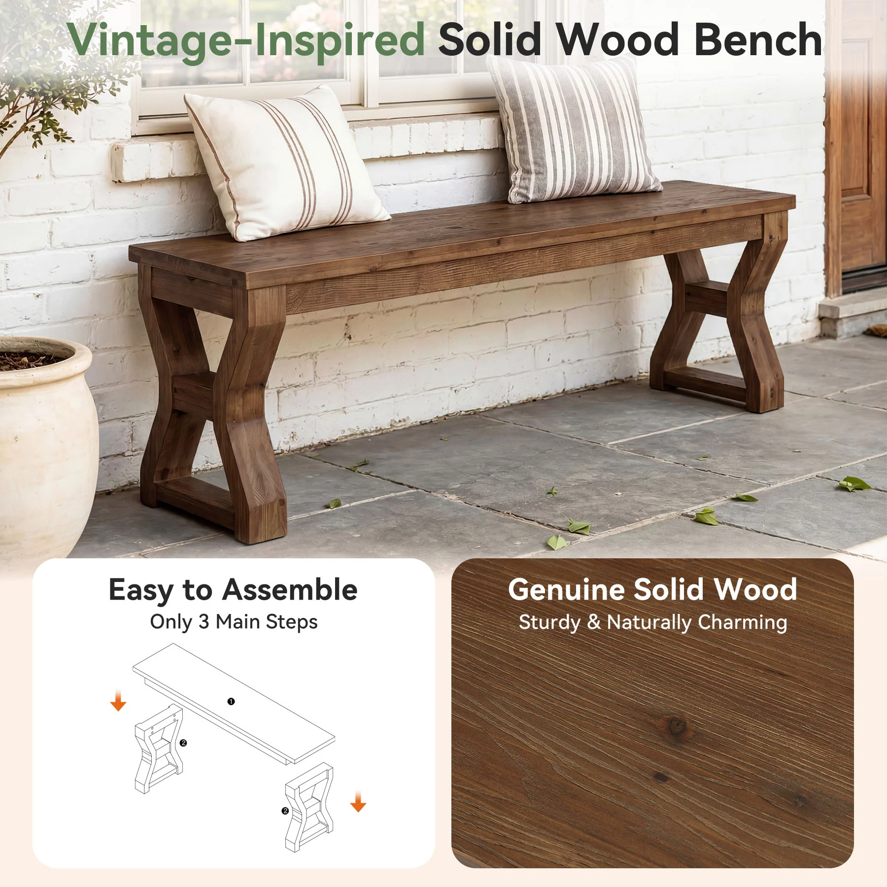 55" Wood Dining Bench, Narrow Kitchen Bench Seat with Sturdy X-Cross Legs - Image 6