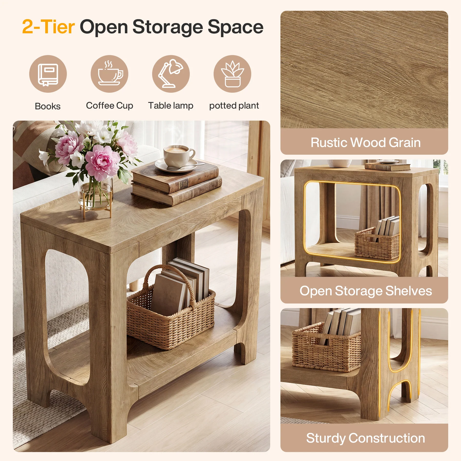 2-Tier Side Table, Narrow Wooden Rectangle End Table for Small Spaces - Image 6