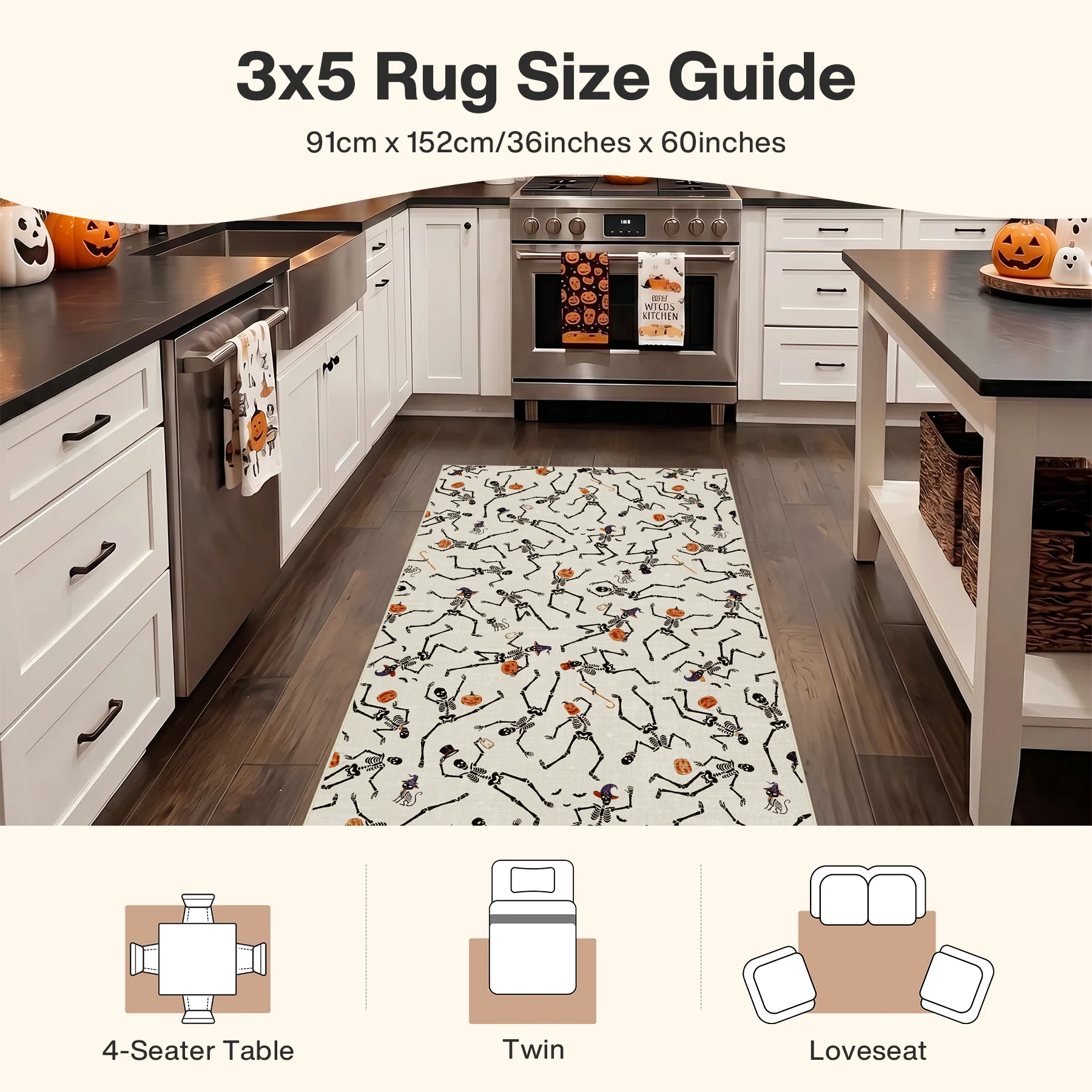 Multiple Sizes Halloween Skeleton Area Rug, Non Slip Washable Floor Mat for Hallways, Gothic Skeleton Floor Carpet for Home Decor - Image 30