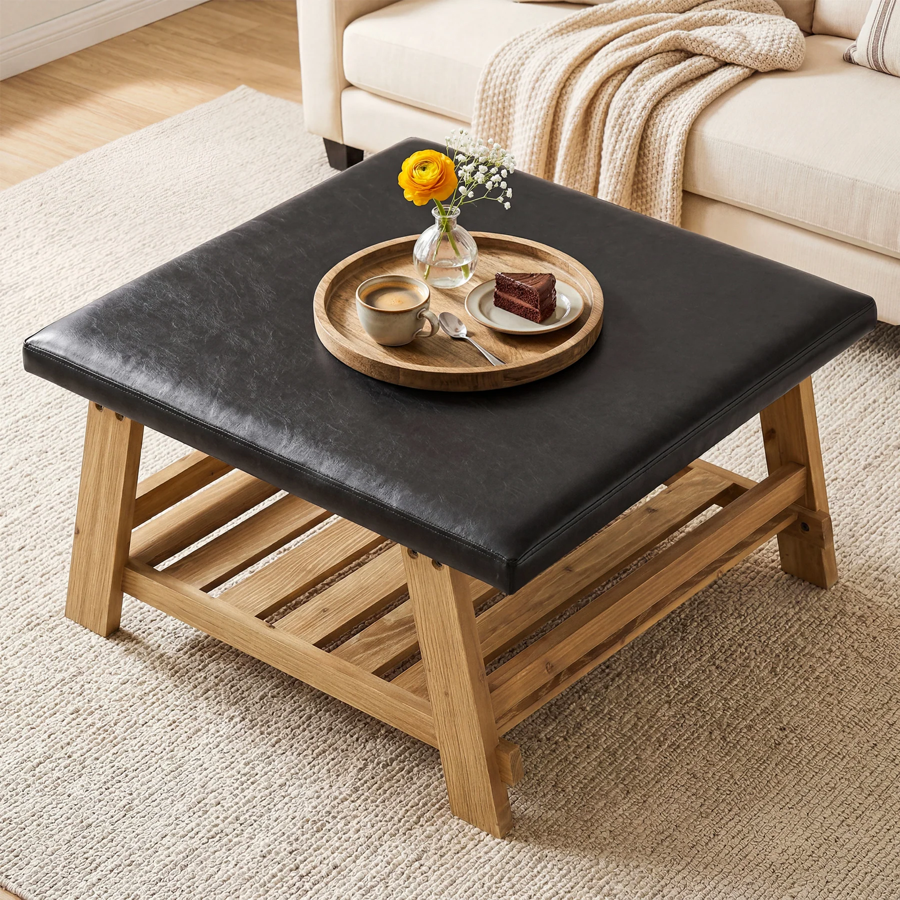 Tribesigns 31.5-Inch Square Ottoman Coffee Table, Storage Shelf Wood Accent Table for Living Room - Image 10