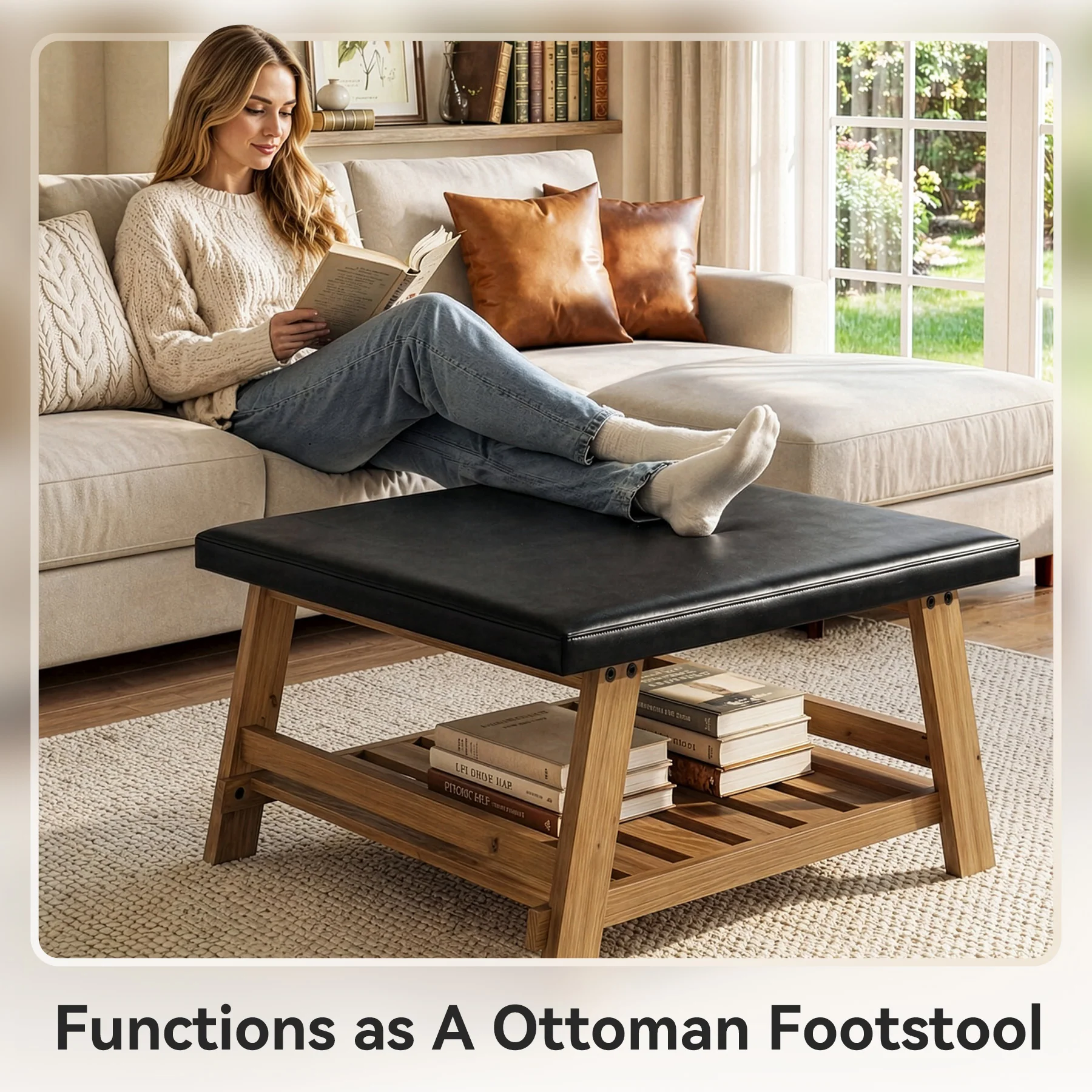 Tribesigns 31.5-Inch Square Ottoman Coffee Table, Storage Shelf Wood Accent Table for Living Room - Image 3