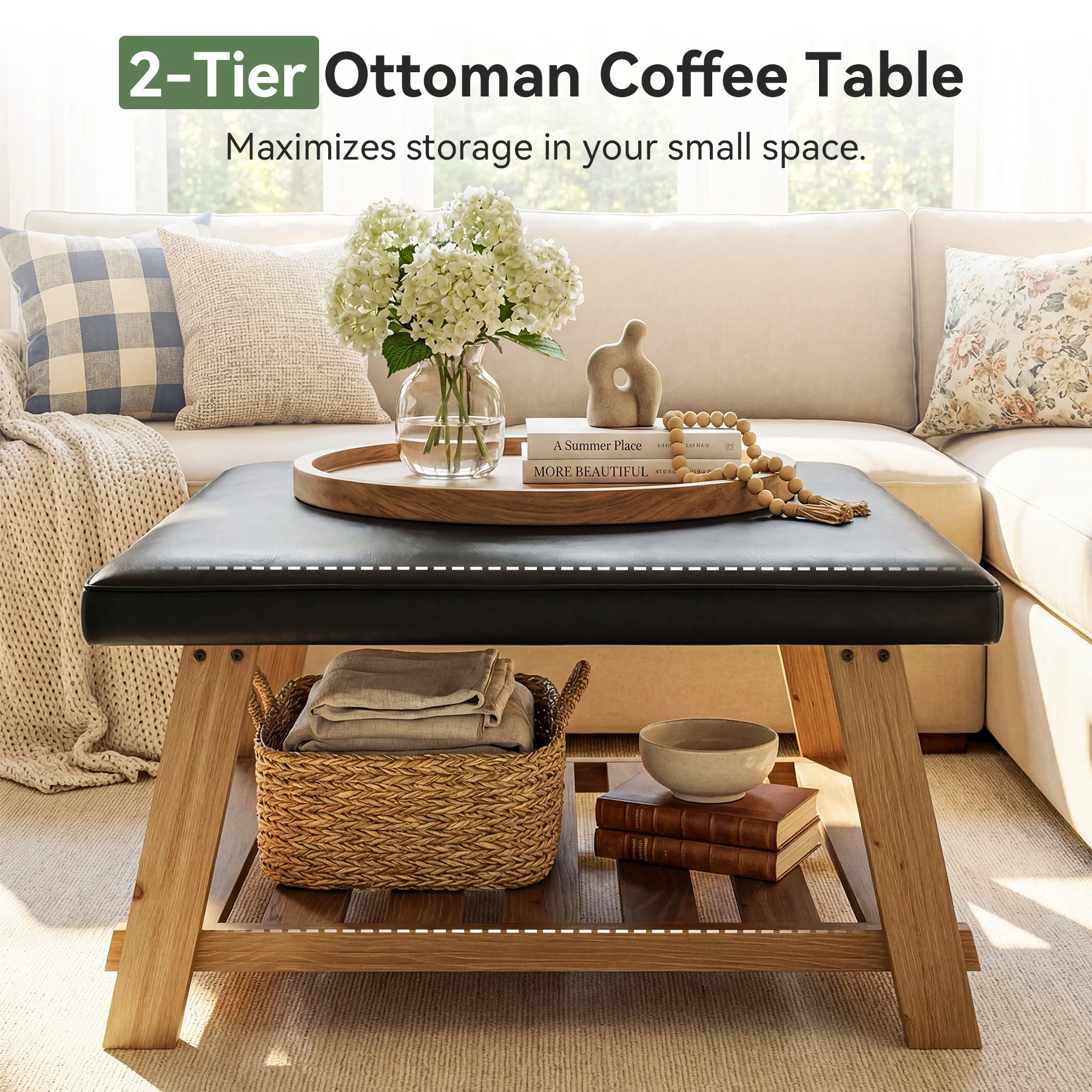 Tribesigns 31.5-Inch Square Ottoman Coffee Table, Storage Shelf Wood Accent Table for Living Room - Image 4