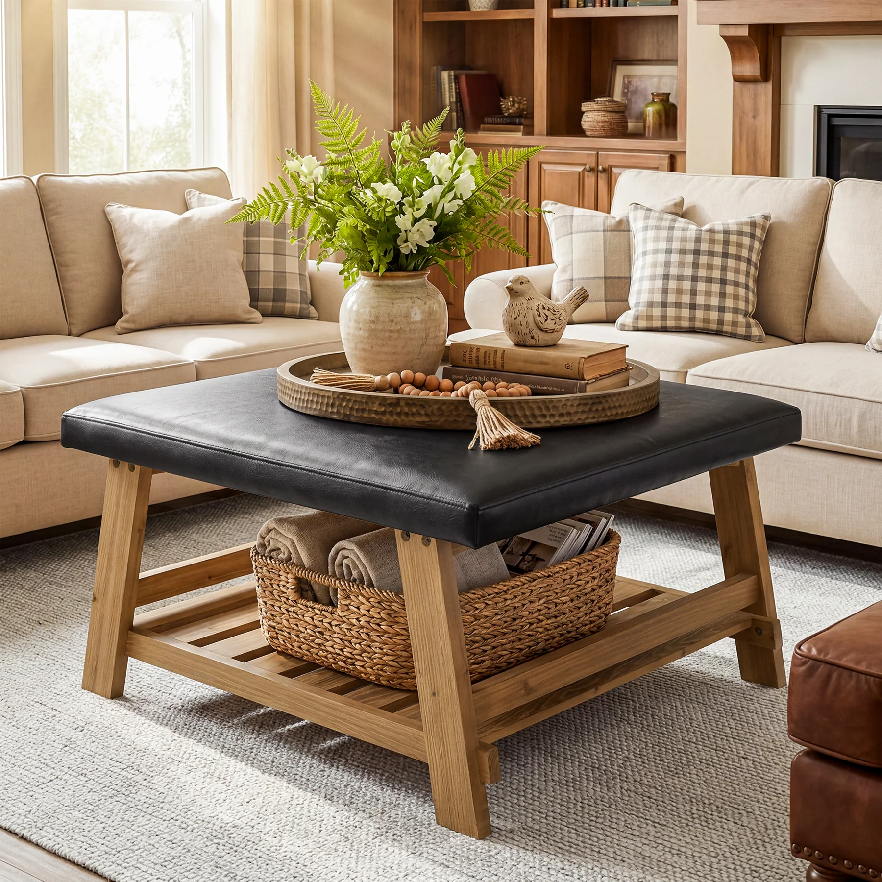 Tribesigns 31.5-Inch Square Ottoman Coffee Table, Storage Shelf Wood Accent Table for Living Room - Image 6