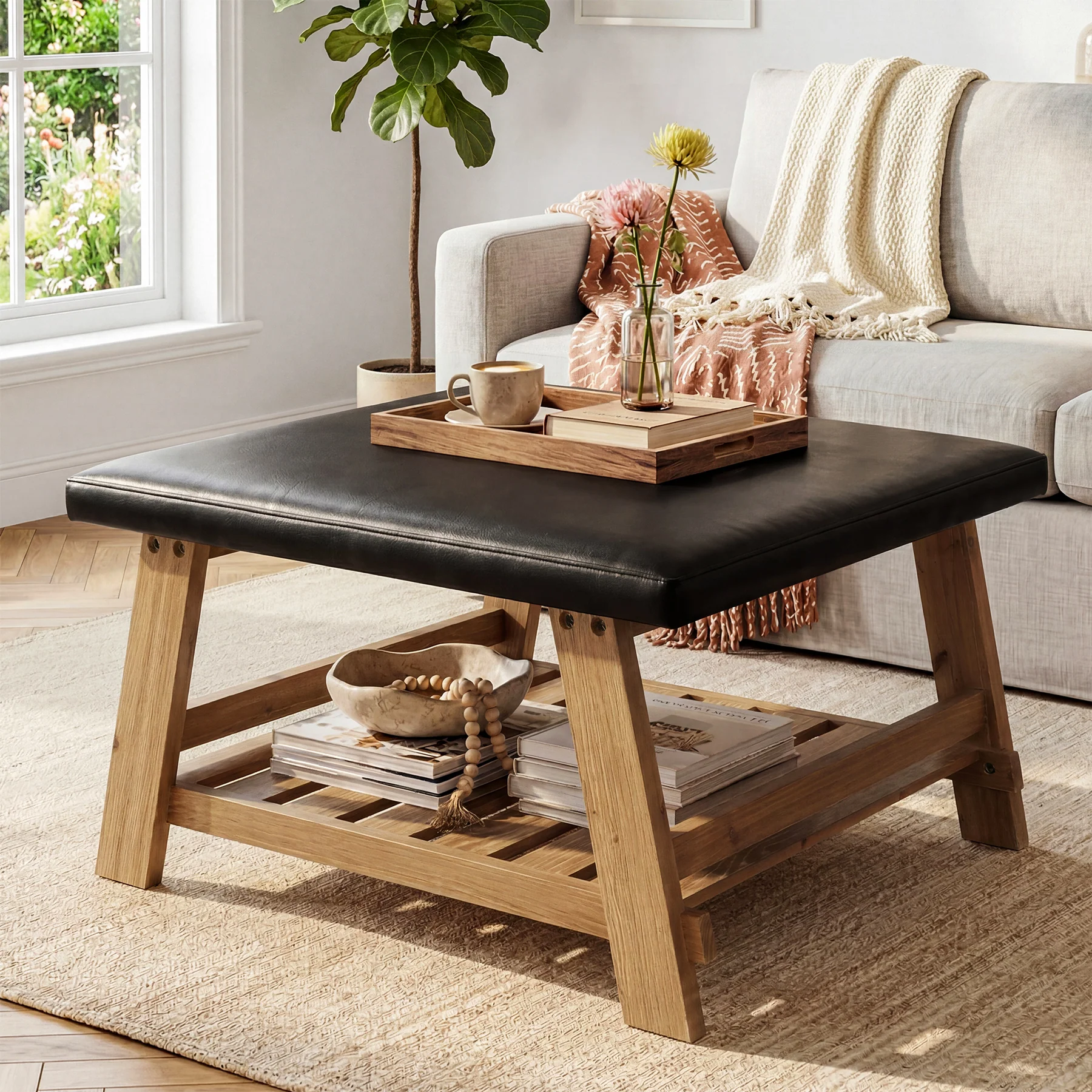 Tribesigns 31.5-Inch Square Ottoman Coffee Table, Storage Shelf Wood Accent Table for Living Room - Image 7