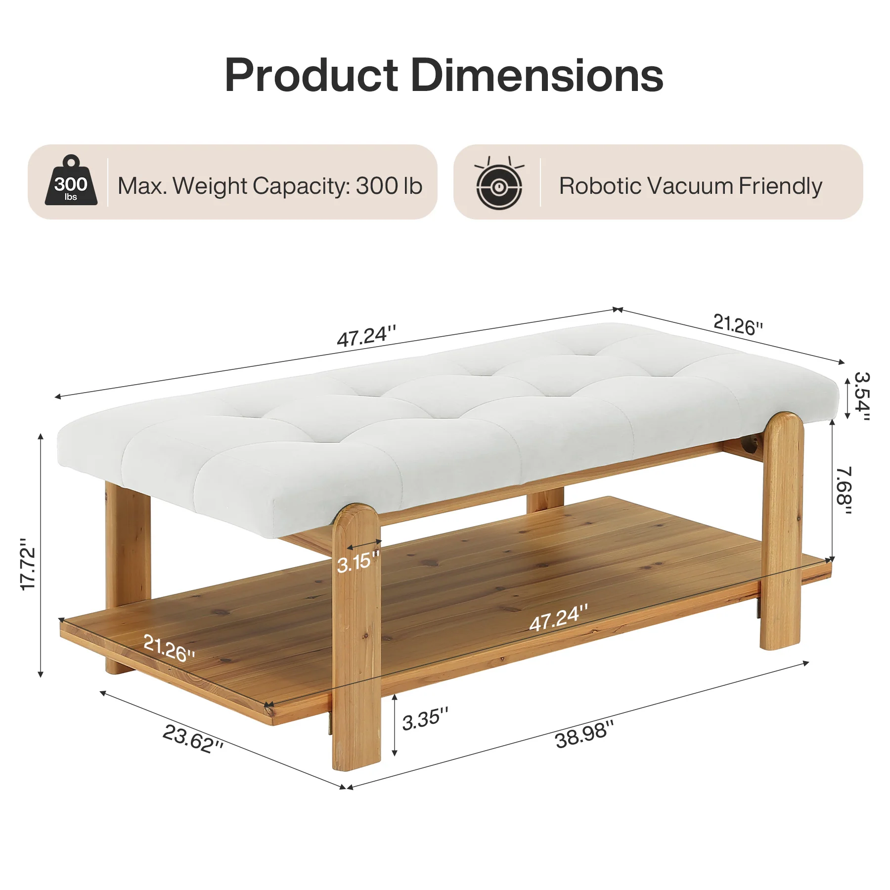 47.24" Ottoman Coffee Table, Rectangle Large Footrest Ottoman with Solid Frame and Storage Shelf - Image 2