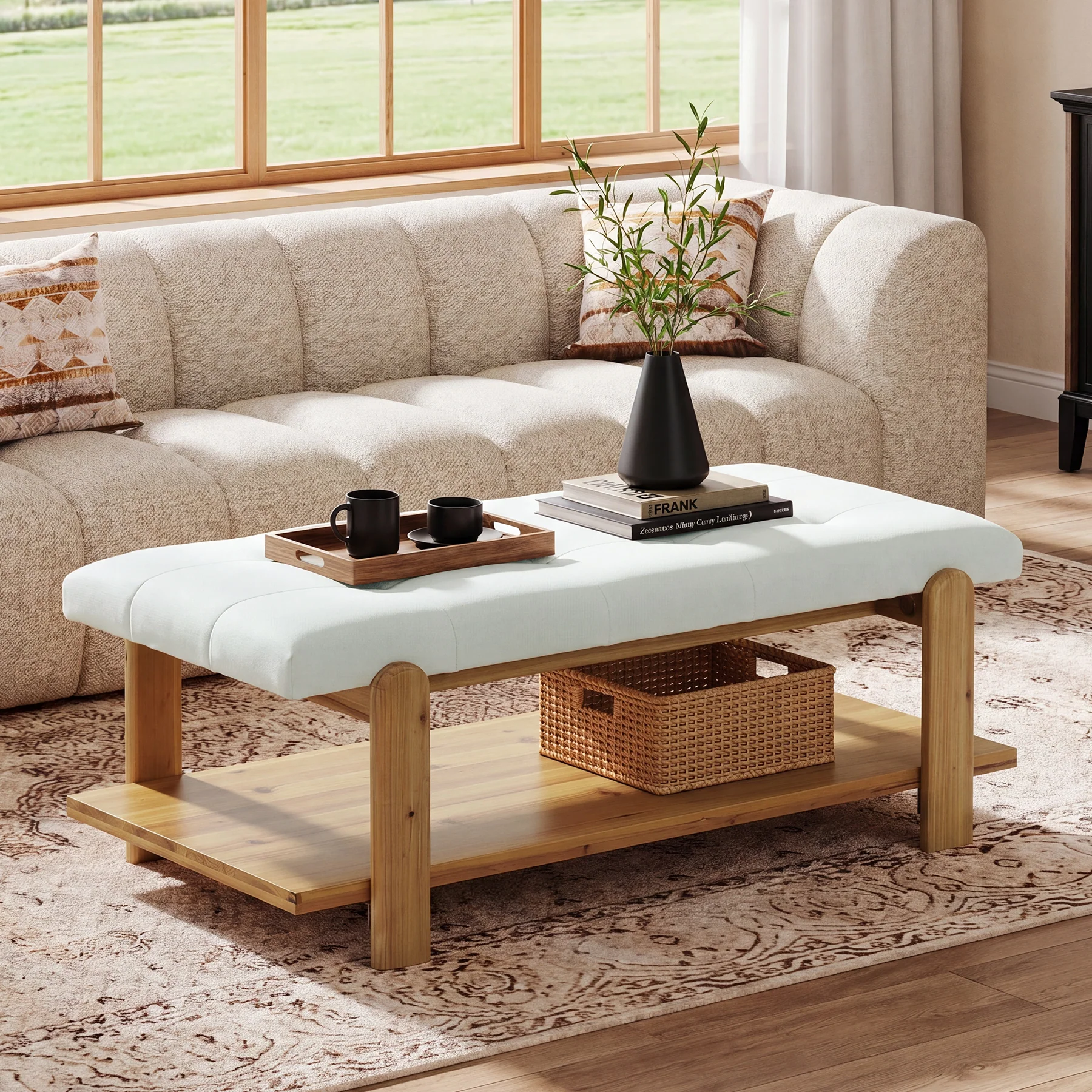 47.24" Ottoman Coffee Table, Rectangle Large Footrest Ottoman with Solid Frame and Storage Shelf - Image 3