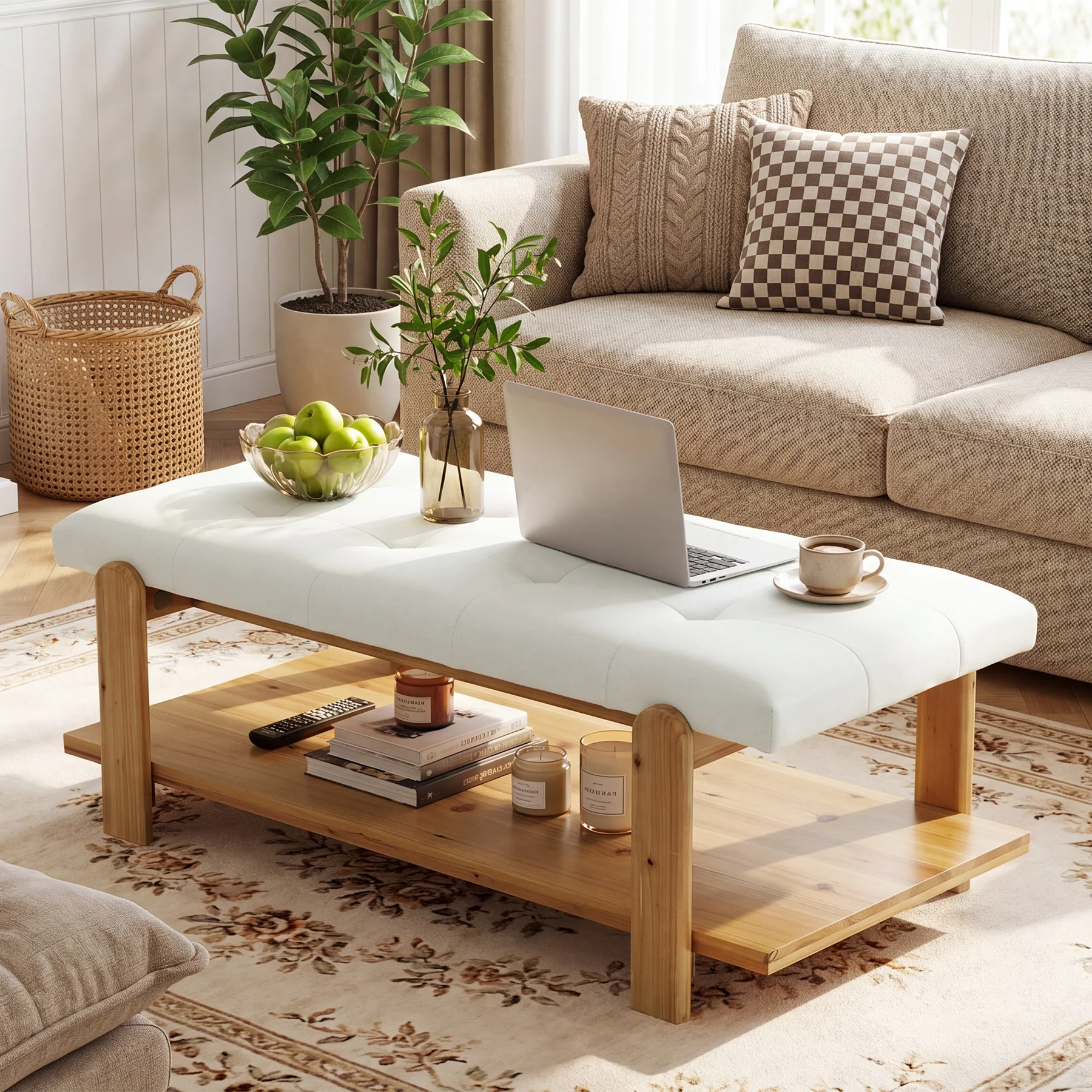 47.24" Ottoman Coffee Table, Rectangle Large Footrest Ottoman with Solid Frame and Storage Shelf - Image 4