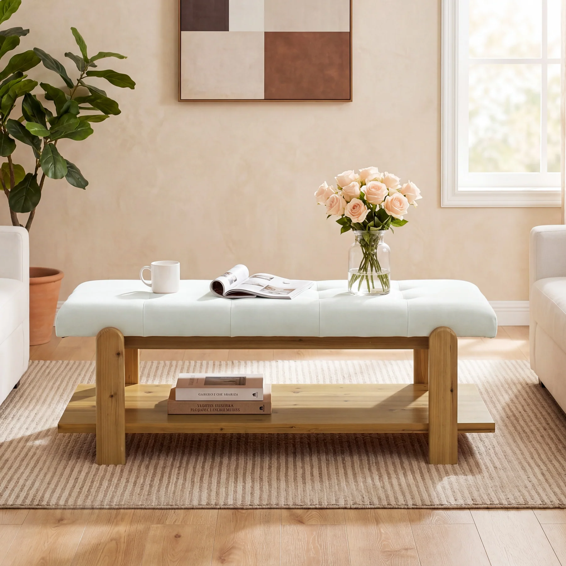 47.24" Ottoman Coffee Table, Rectangle Large Footrest Ottoman with Solid Frame and Storage Shelf - Image 5