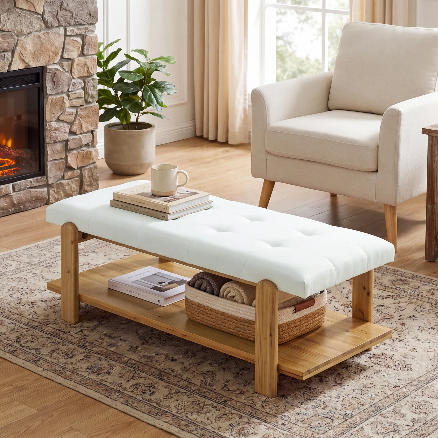 47.24" Ottoman Coffee Table, Rectangle Large Footrest Ottoman with Solid Frame and Storage Shelf - Image 6