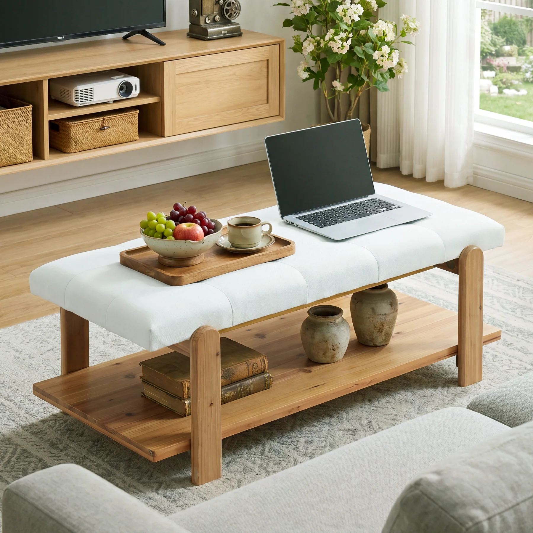 47.24" Ottoman Coffee Table, Rectangle Large Footrest Ottoman with Solid Frame and Storage Shelf - Image 7