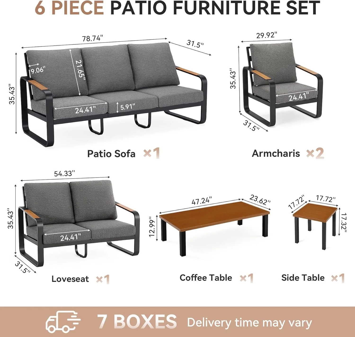 6-Piece Patio Furniture Set Outdoor Conversation Sets with Sofas & Coffee Table & Side Table - Image 2