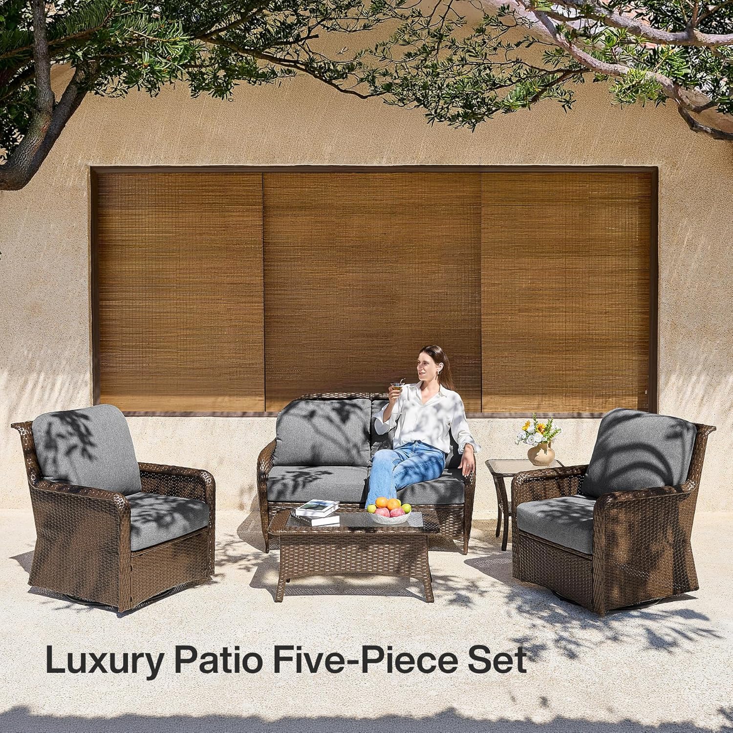 5-Piece Wicker Patio Furniture Set, Outdoor PE Rattan Conversation Set for Backyard - Image 5