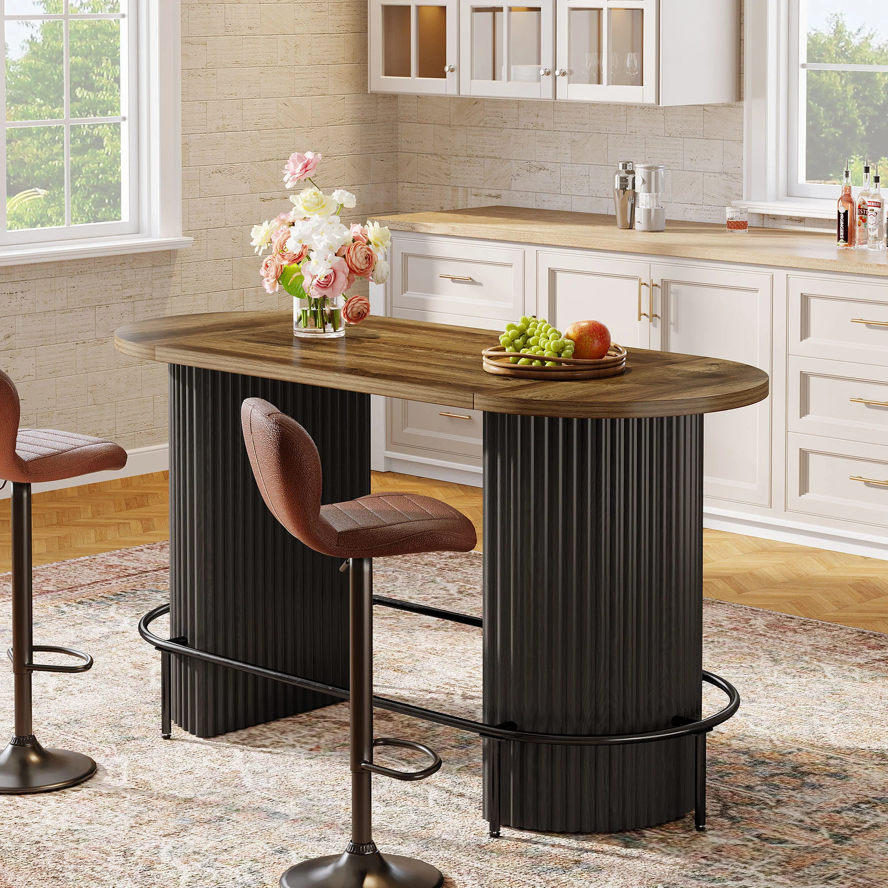 Modern Bar Table, Oval Counter Height Pub Dining Table with Metal Footrest - Image 3