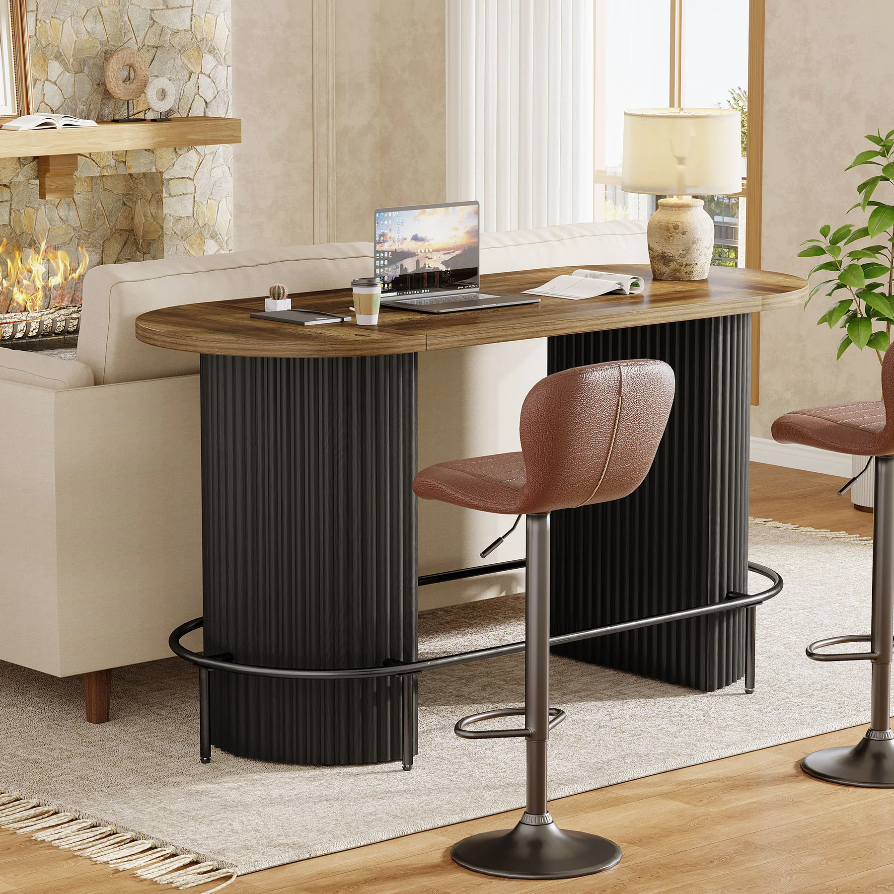 Modern Bar Table, Oval Counter Height Pub Dining Table with Metal Footrest - Image 4
