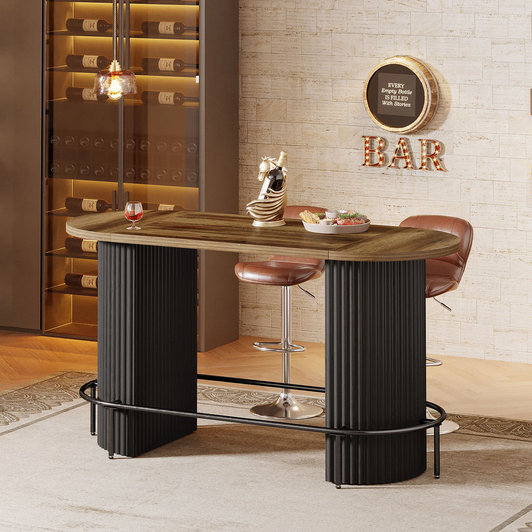 Modern Bar Table, Oval Counter Height Pub Dining Table with Metal Footrest - Image 5