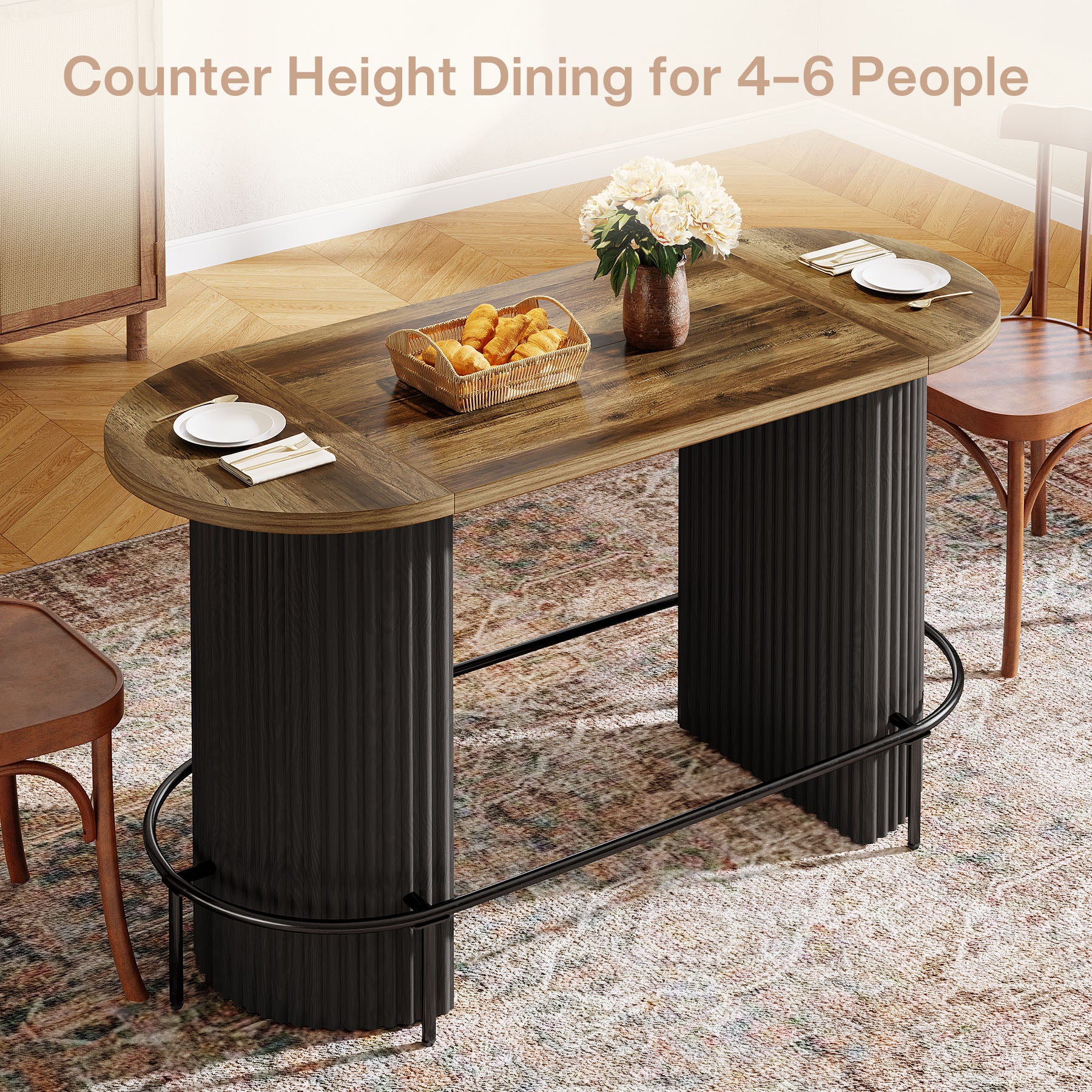 Modern Bar Table, Oval Counter Height Pub Dining Table with Metal Footrest - Image 7
