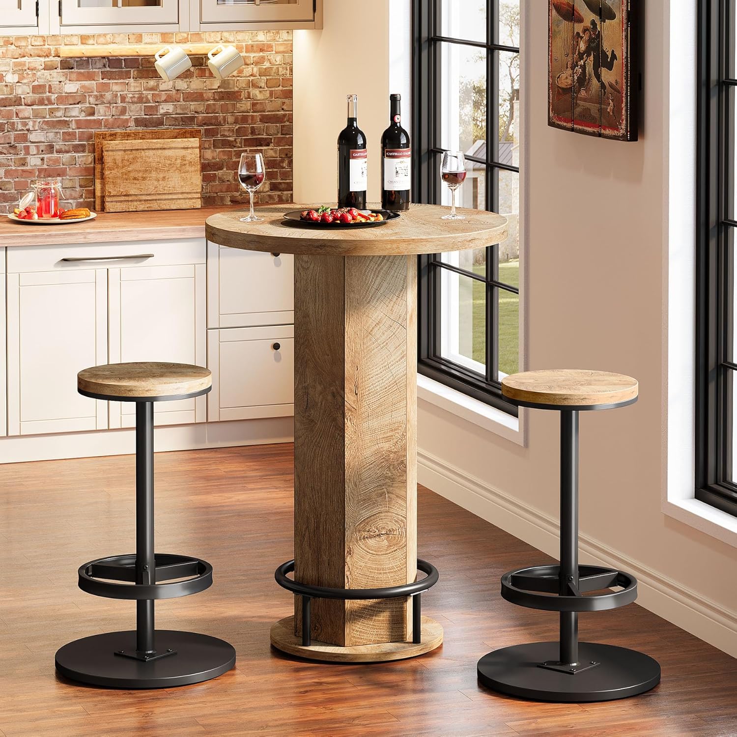 Round Bar Table Set, Pub Cocktail Table Bistro Sets with 2 Barstools - Image 4