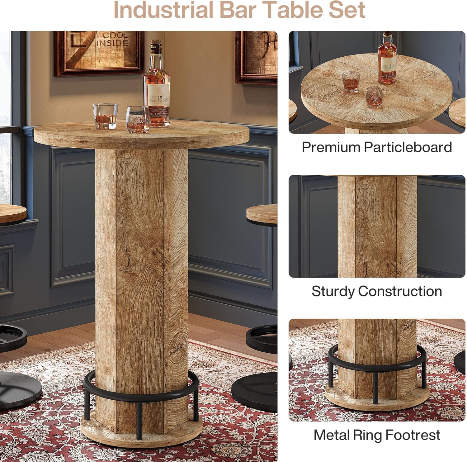 Round Bar Table Set, Pub Cocktail Table Bistro Sets with 2 Barstools - Image 7