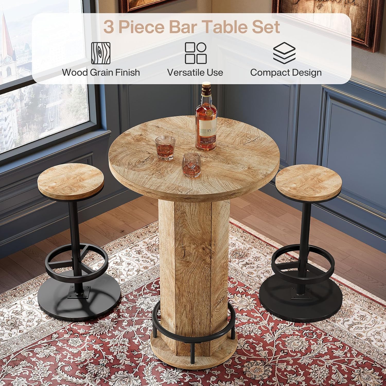 Round Bar Table Set, Pub Cocktail Table Bistro Sets with 2 Barstools - Image 8