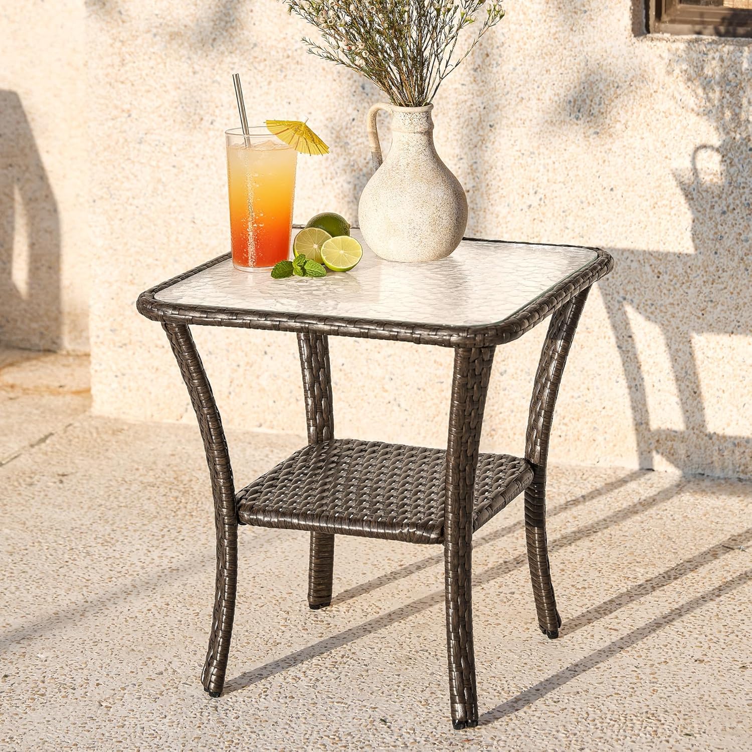 Patio Side Table, Outdoor 2-Tier Rattan End Table for Porch - Image 3