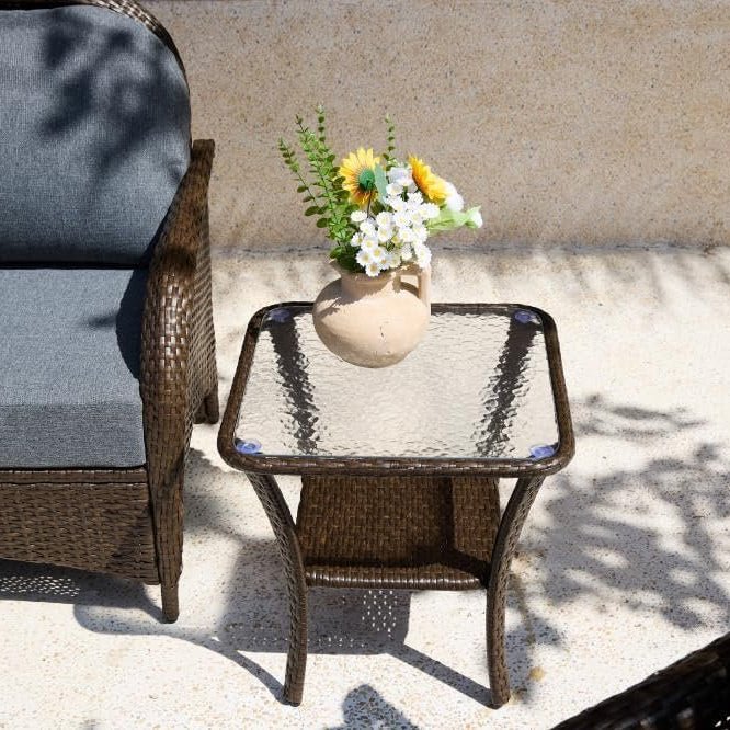 Outdoor Side Table, Rattan Wicker Table with Tempered Glass Top - Image 4