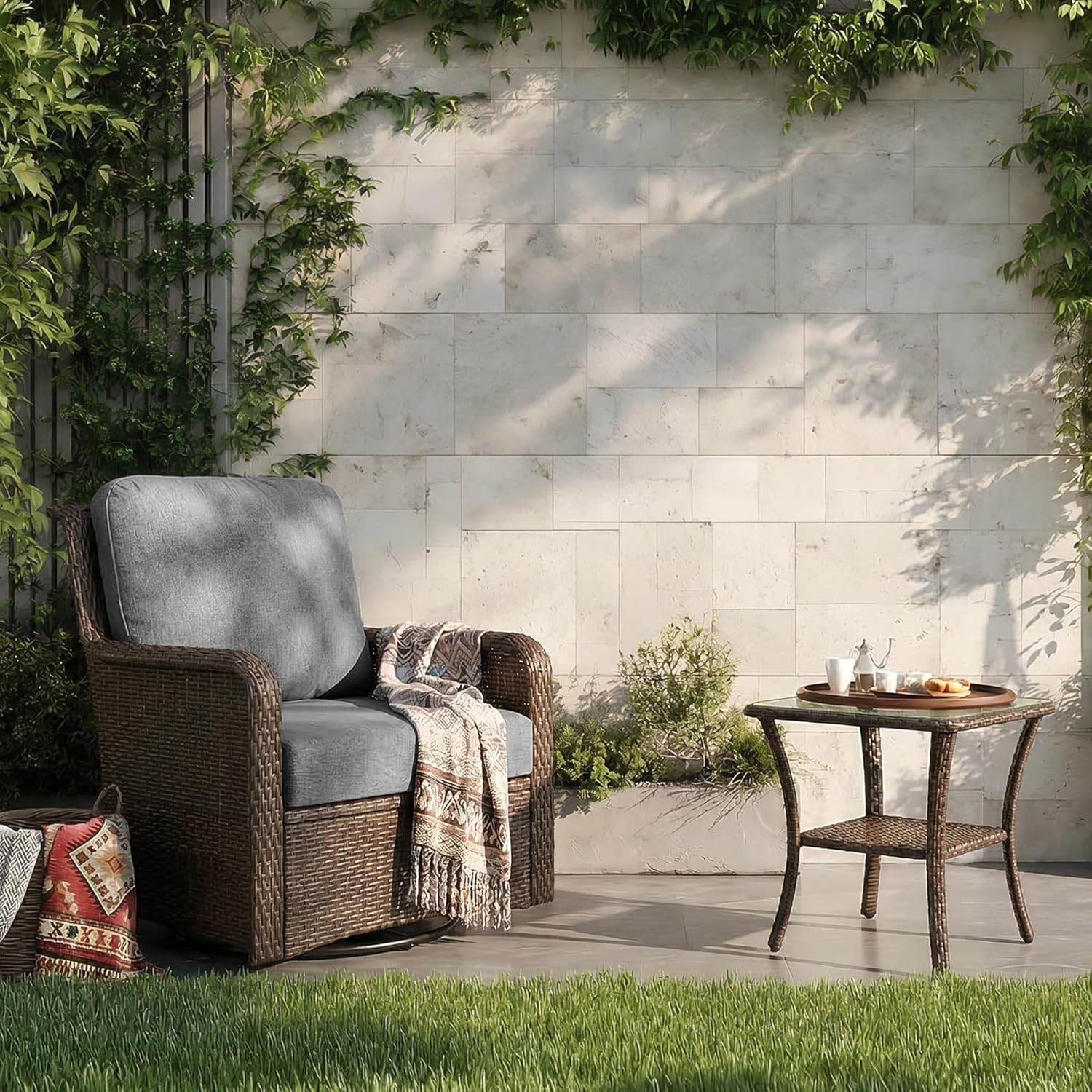 Patio Side Table, Outdoor 2-Tier Rattan End Table for Porch - Image 5