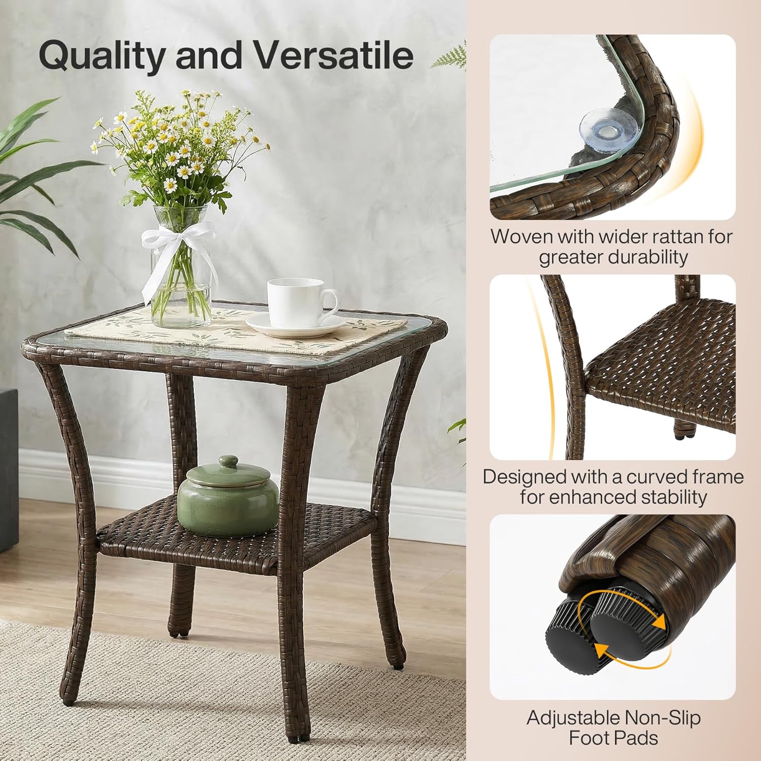 Patio Side Table, Outdoor 2-Tier Rattan End Table for Porch - Image 8