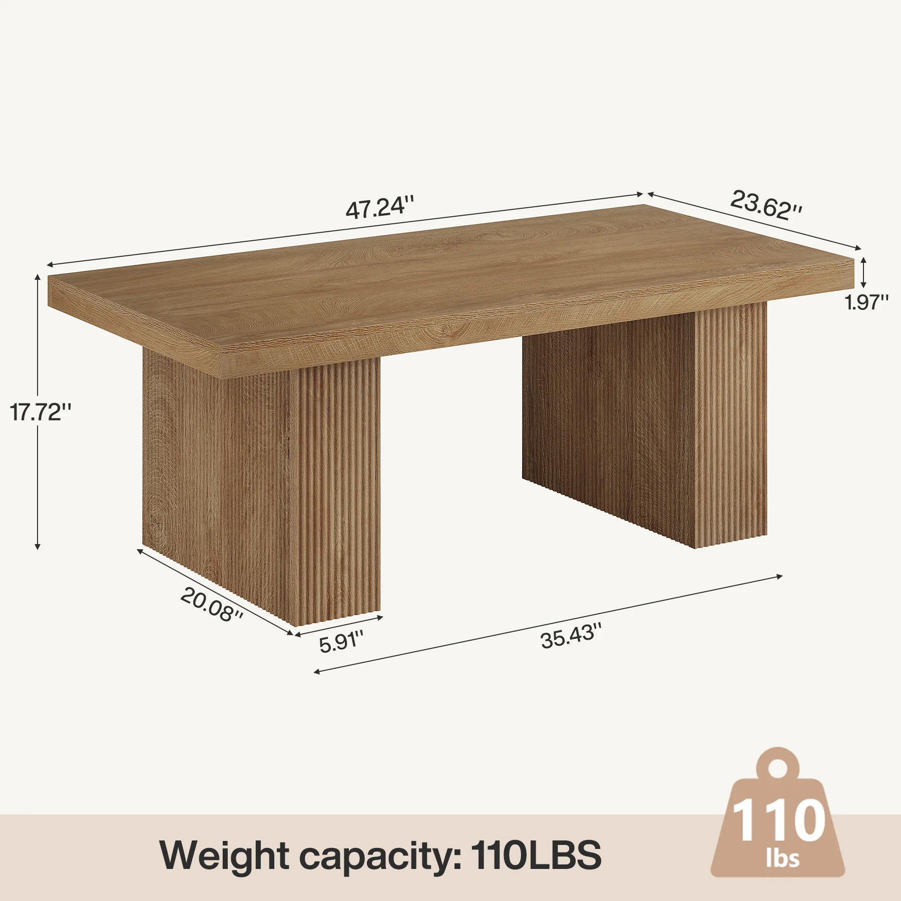 47.2" Wooden Coffee Table, Rectangle Center Table with Thick Base - Image 2