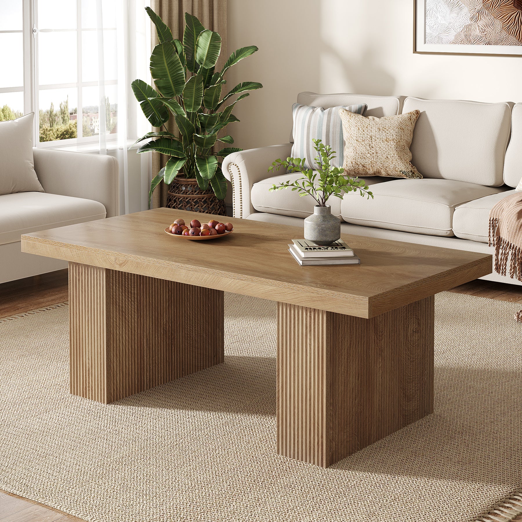 47.2" Wooden Coffee Table, Rectangle Center Table with Thick Base - Image 3