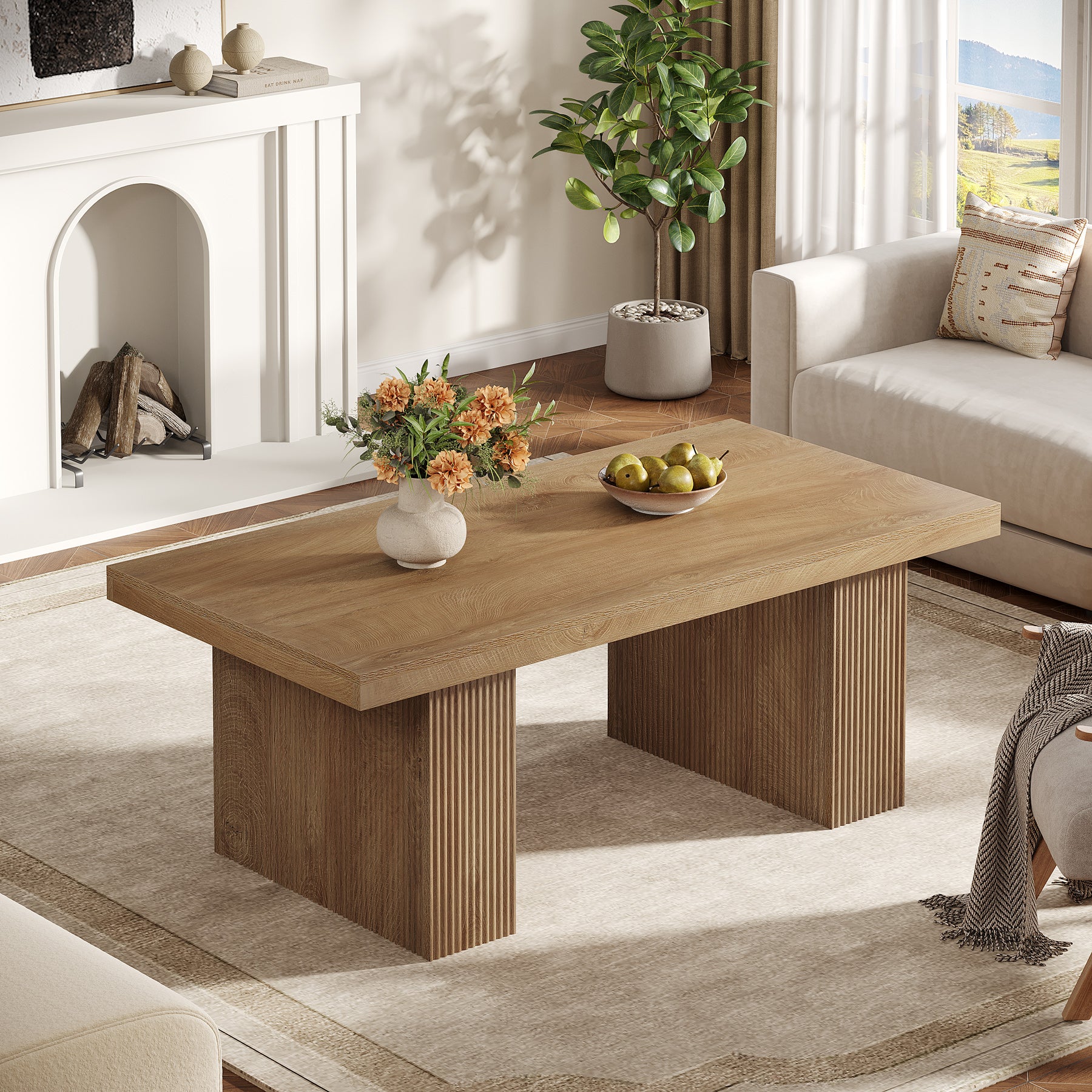 47.2" Wooden Coffee Table, Rectangle Center Table with Thick Base - Image 4