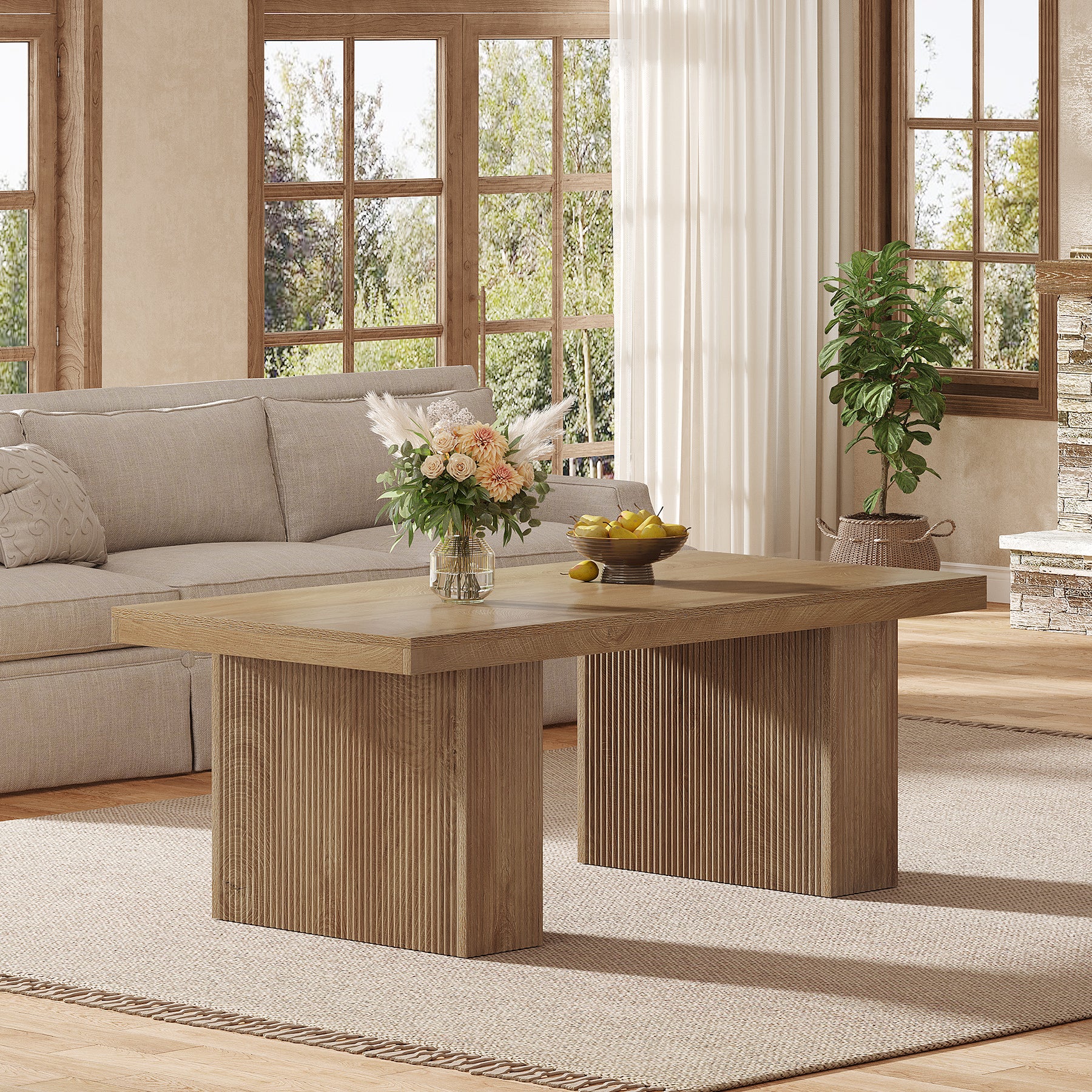 47.2" Wooden Coffee Table, Rectangle Center Table with Thick Base - Image 5