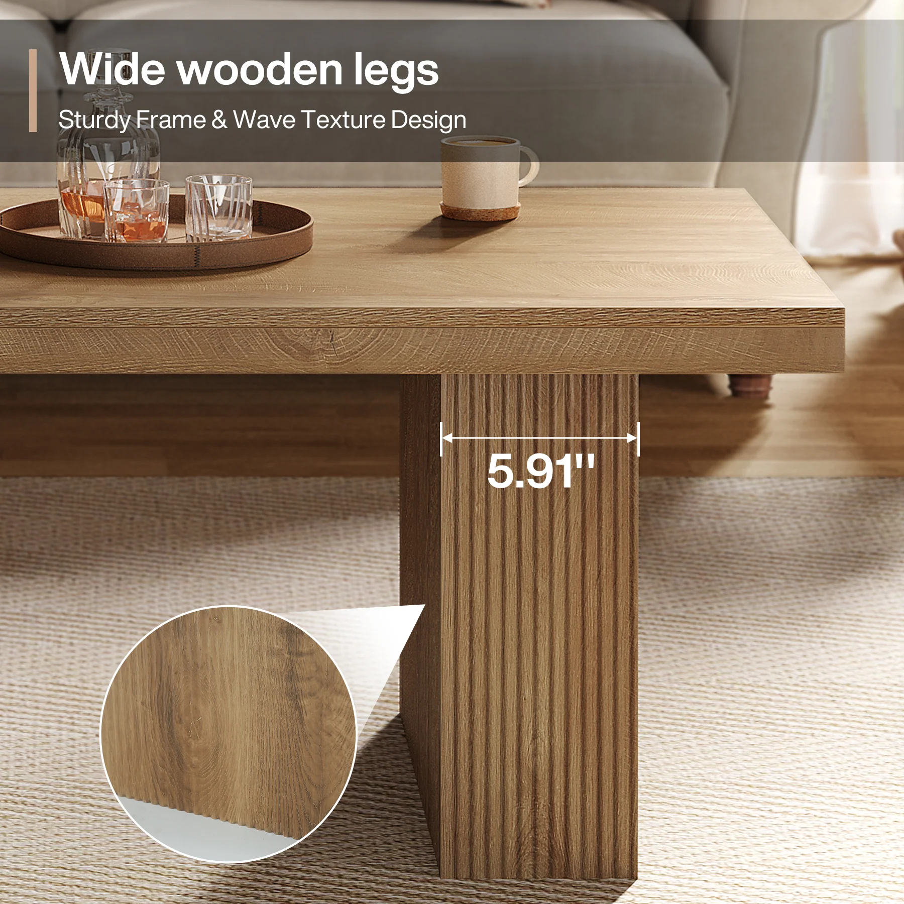 47.2" Wooden Coffee Table, Rectangle Center Table with Thick Base - Image 7