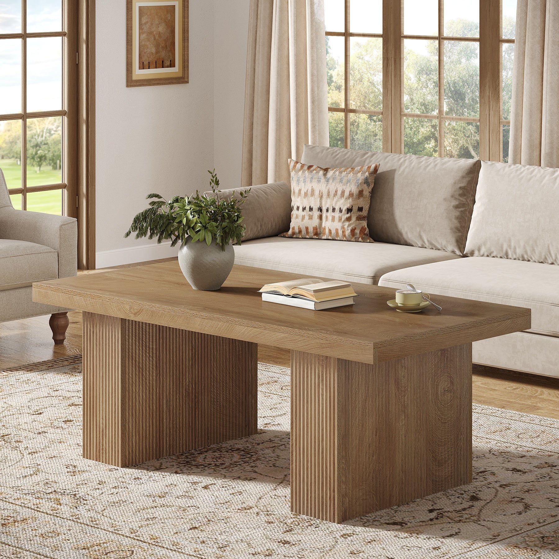 47.2" Wooden Coffee Table, Rectangle Center Table with Thick Base - Image 8