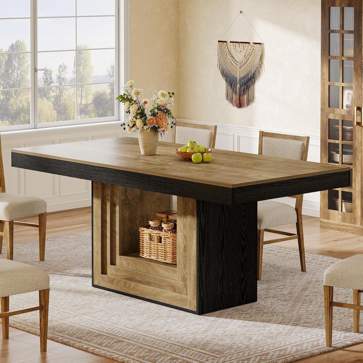 63" Farmhouse Dining Table, Rectangle Kitchen Dinner Table for 4-6 People