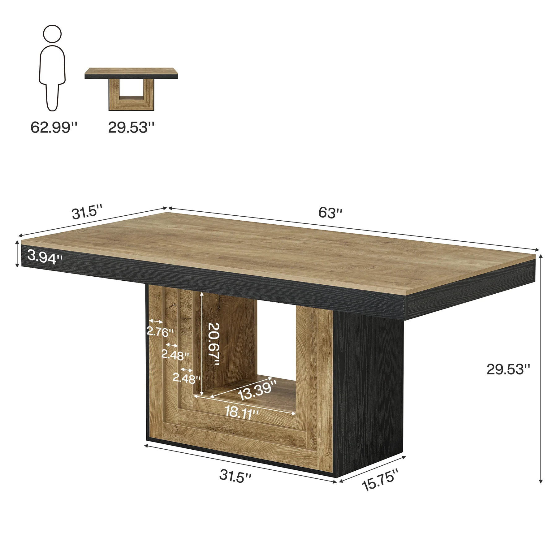63" Farmhouse Dining Table, Rectangle Kitchen Dinner Table for 4-6 People - Image 2