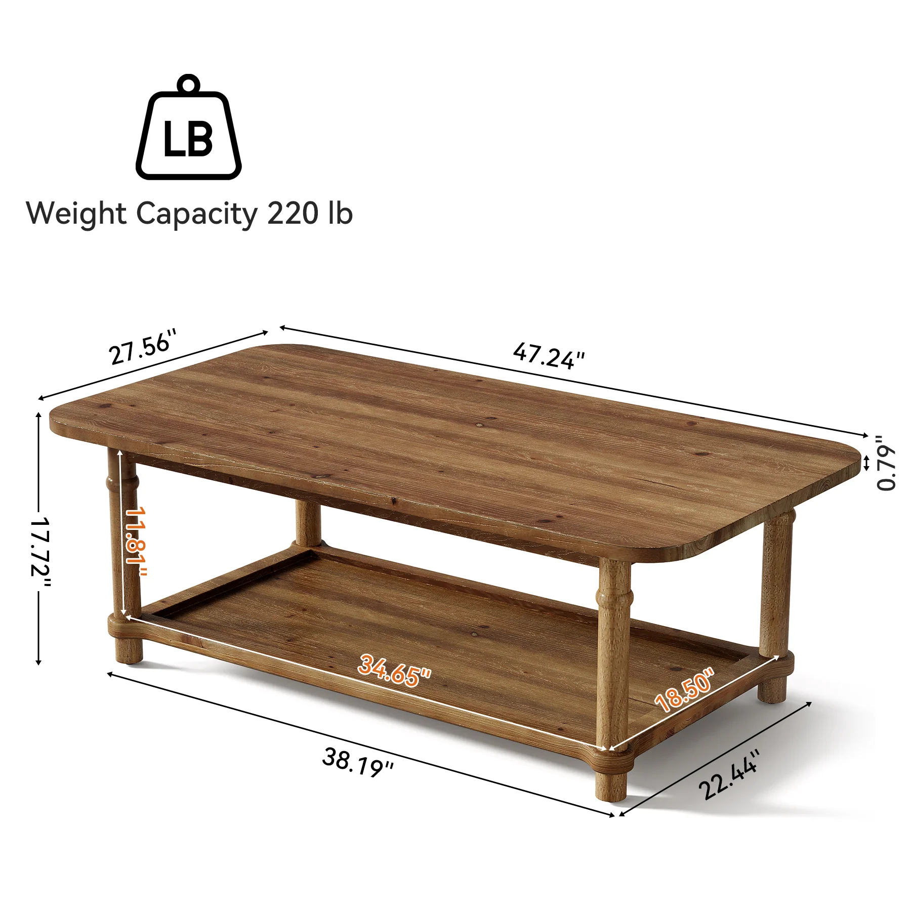 Rectangle Solid Wood Coffee Table, 47" Center Table with 2-Tier Storage - Image 2