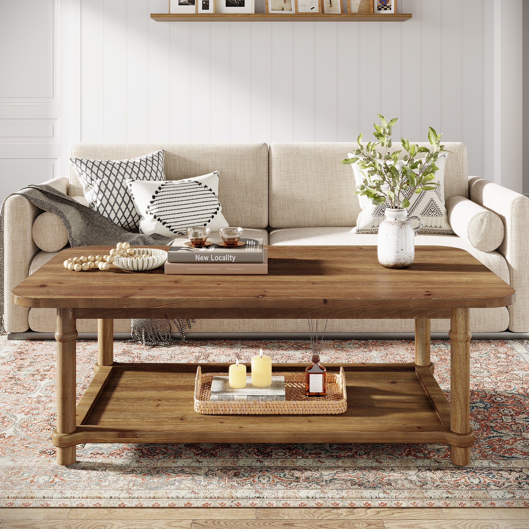 Rectangle Solid Wood Coffee Table, 47" Center Table with 2-Tier Storage - Image 5