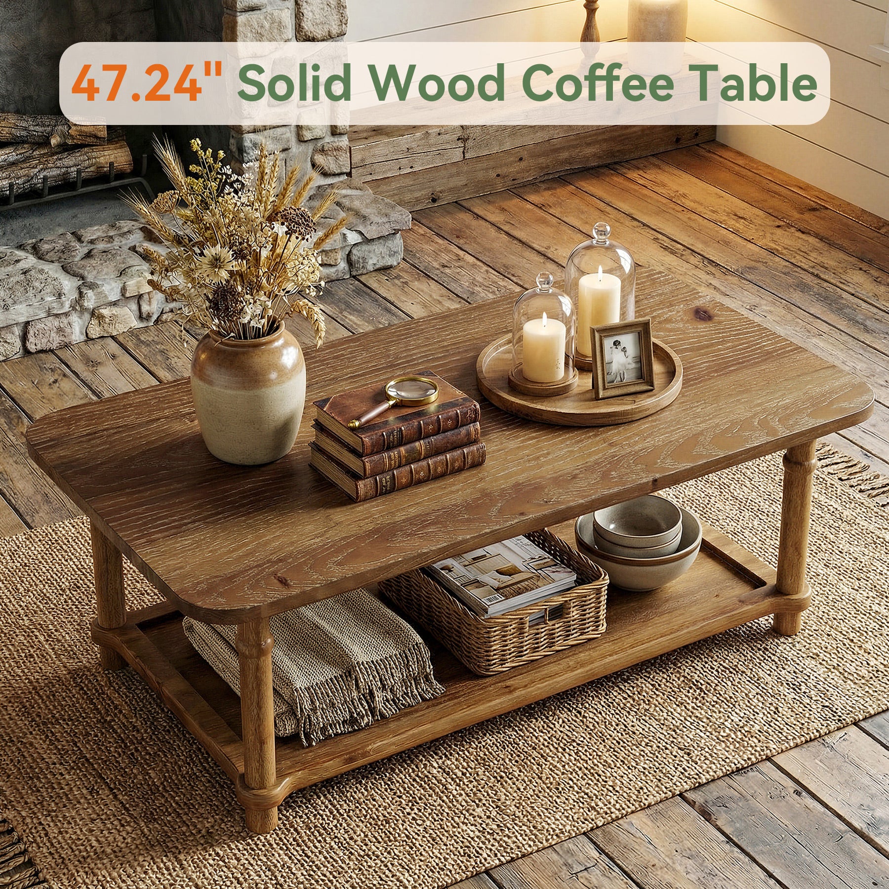 Rectangle Solid Wood Coffee Table, 47" Center Table with 2-Tier Storage - Image 6