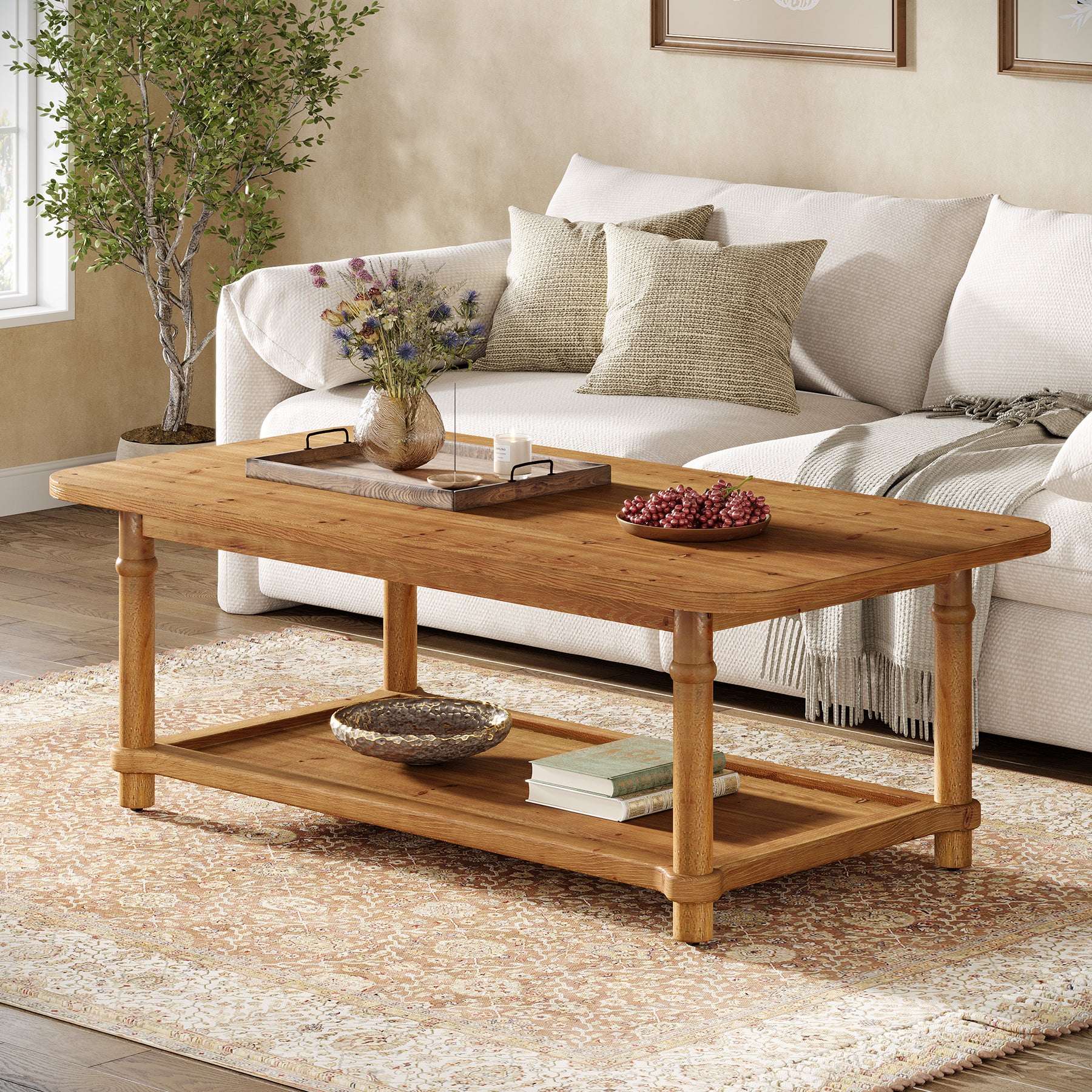 Rectangle Solid Wood Coffee Table, 47" Center Table with 2-Tier Storage - Image 8