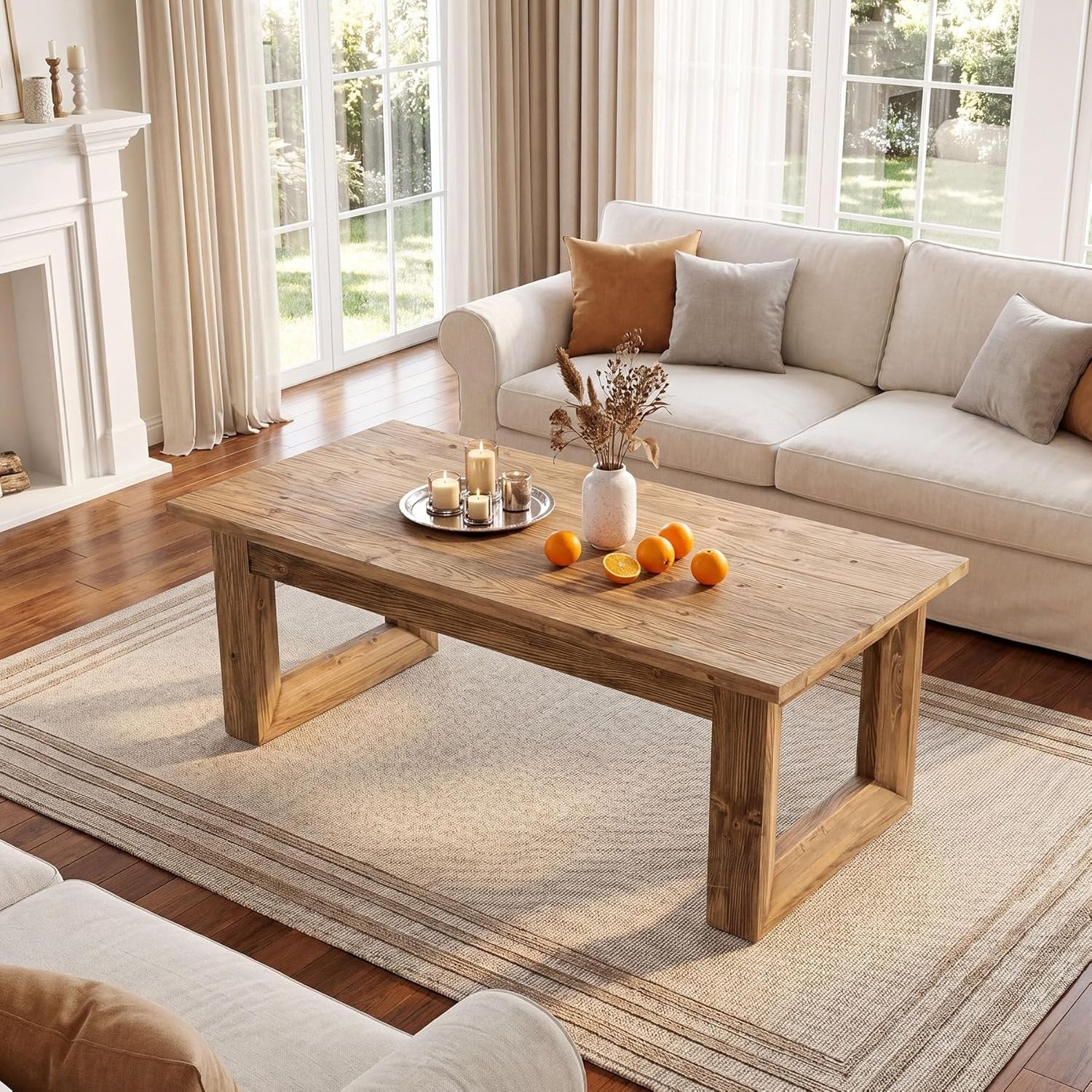47.2" Solid Wood Coffee Table, Rectangular Accent Center Cocktail Table with U-Shape Legs - Image 4