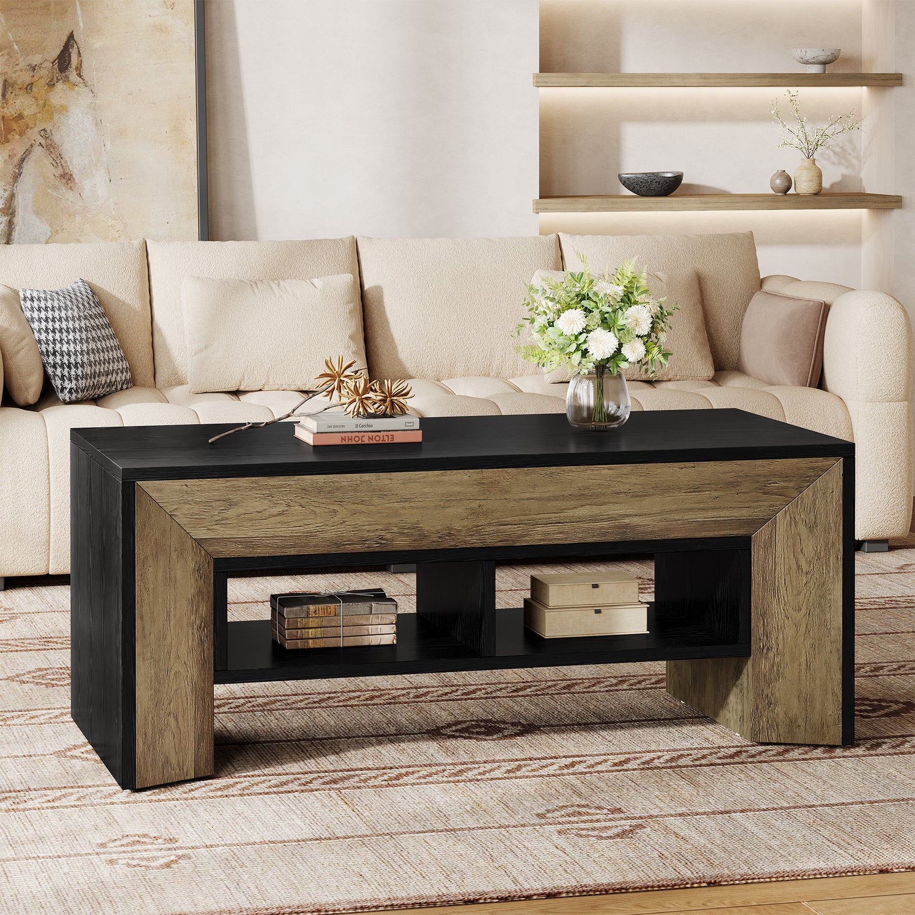 47" Modern Coffee Table, Rectangular Center Table with 2-Tier Storage - Image 4