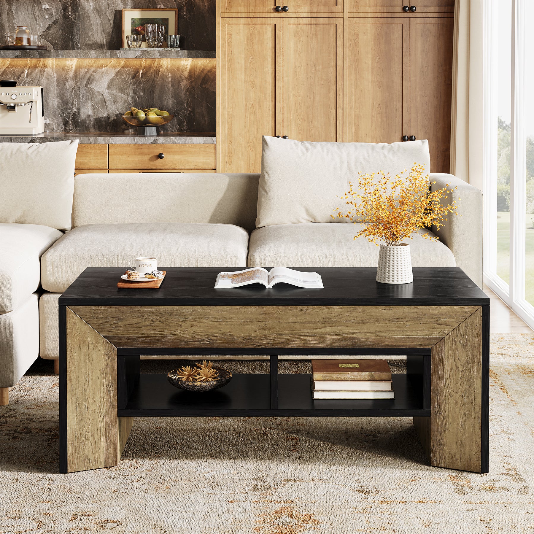 47" Modern Coffee Table, Rectangular Center Table with 2-Tier Storage - Image 6