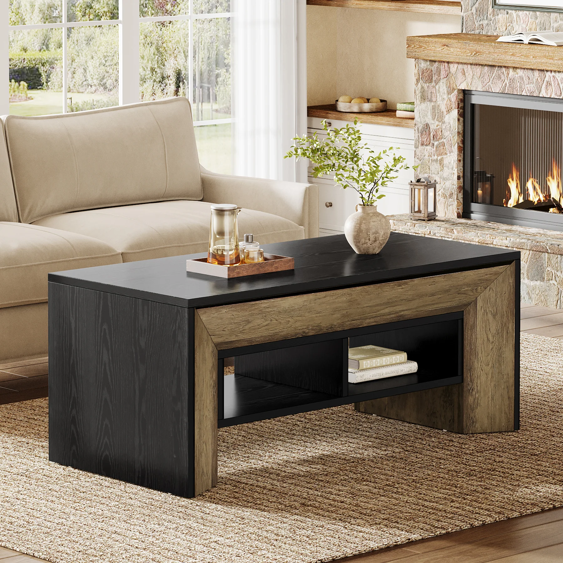 47" Modern Coffee Table, Rectangular Center Table with 2-Tier Storage - Image 7
