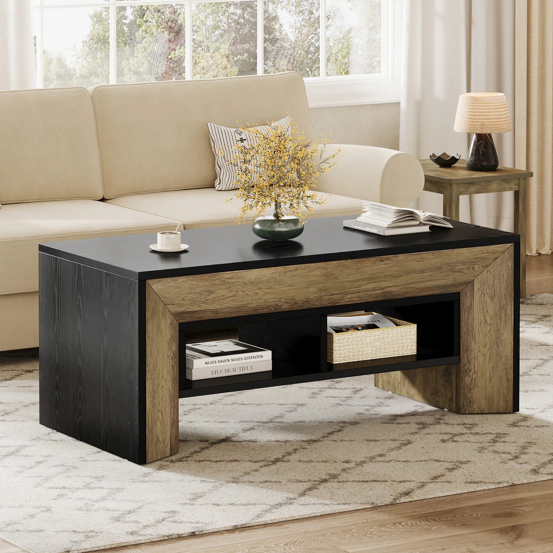 47" Modern Coffee Table, Rectangular Center Table with 2-Tier Storage - Image 8