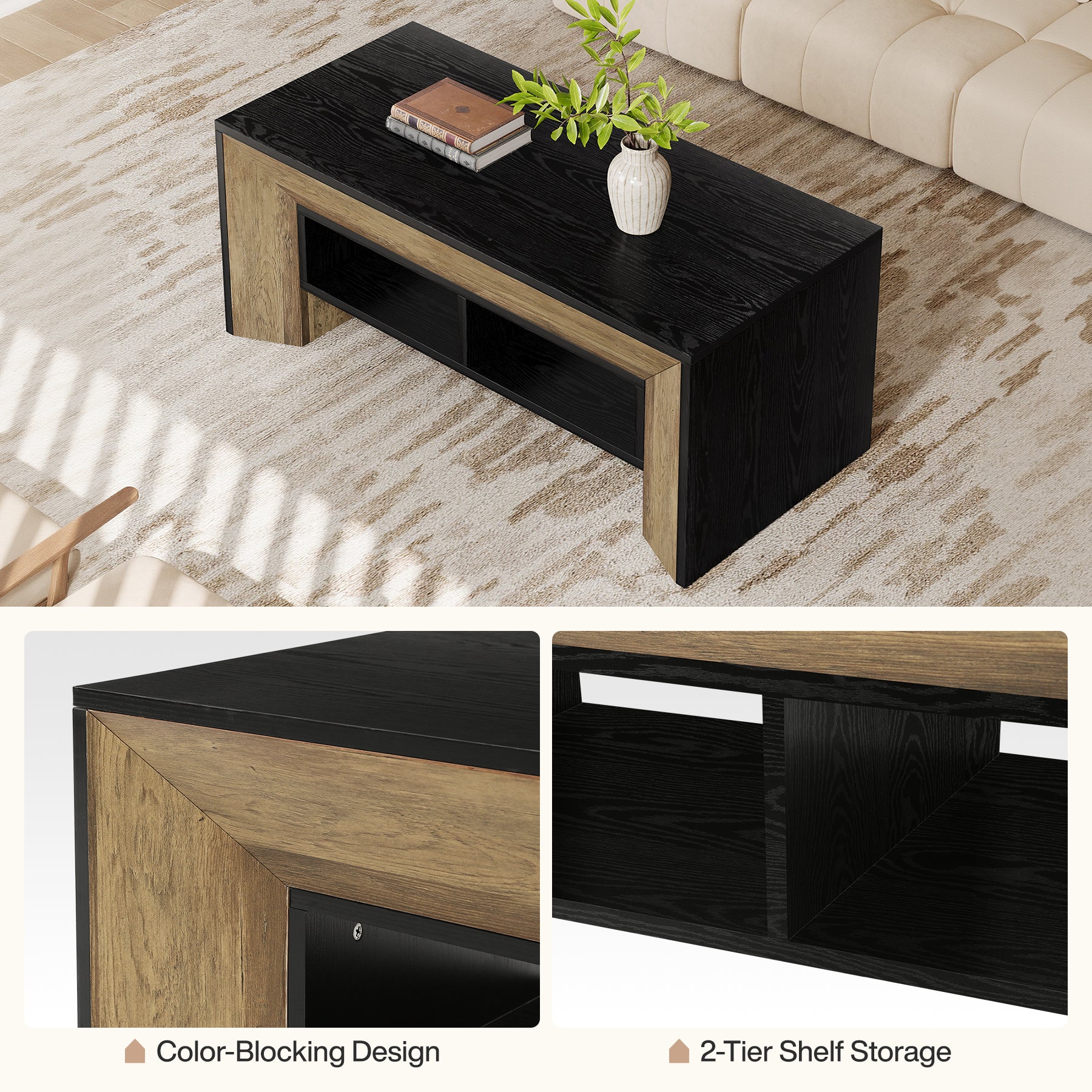 47" Modern Coffee Table, Rectangular Center Table with 2-Tier Storage - Image 9